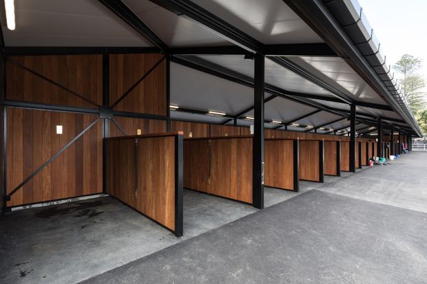 A long covered row of enclosed timber storage or garage bays, with dark steel structural framing, large timber doors and partitions, a corrugated metal roof, concrete floors, and linear strip lighting. The open-sided structure extends into the distance along a paved drive.