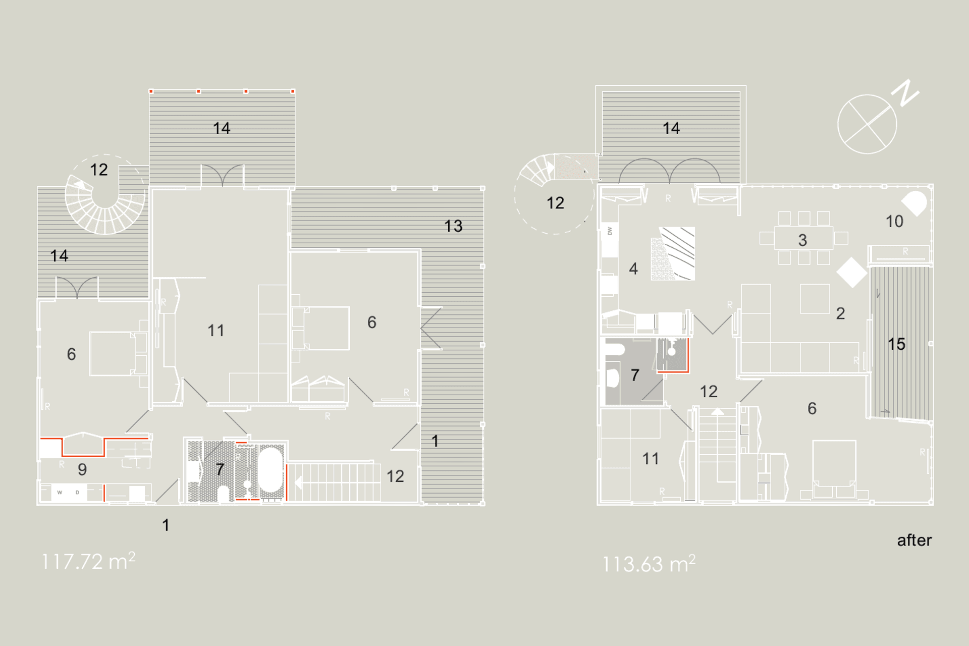 The 'after' ground and first-floor plans show the changes made to Esplanade House by Linetype Architectural.
