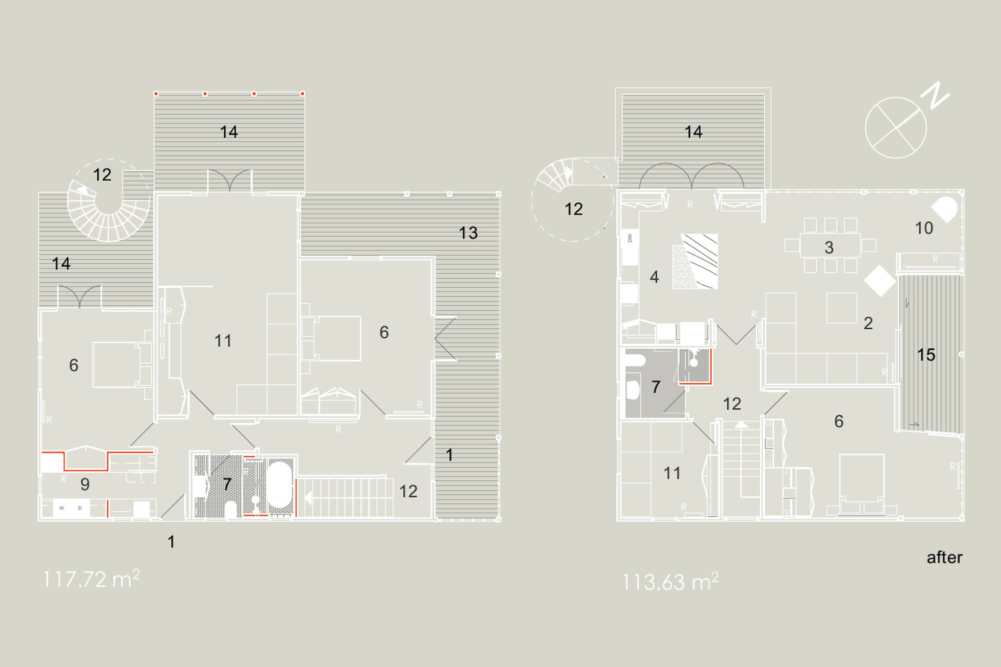 The 'after' ground and first-floor plans show the changes made to Esplanade House by Linetype Architectural.