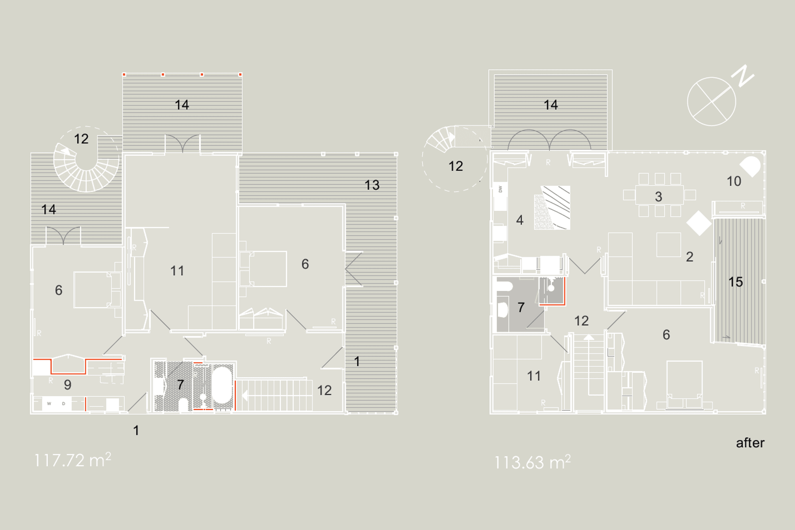 The 'after' ground and first-floor plans show the changes made to Esplanade House by Linetype Architectural.