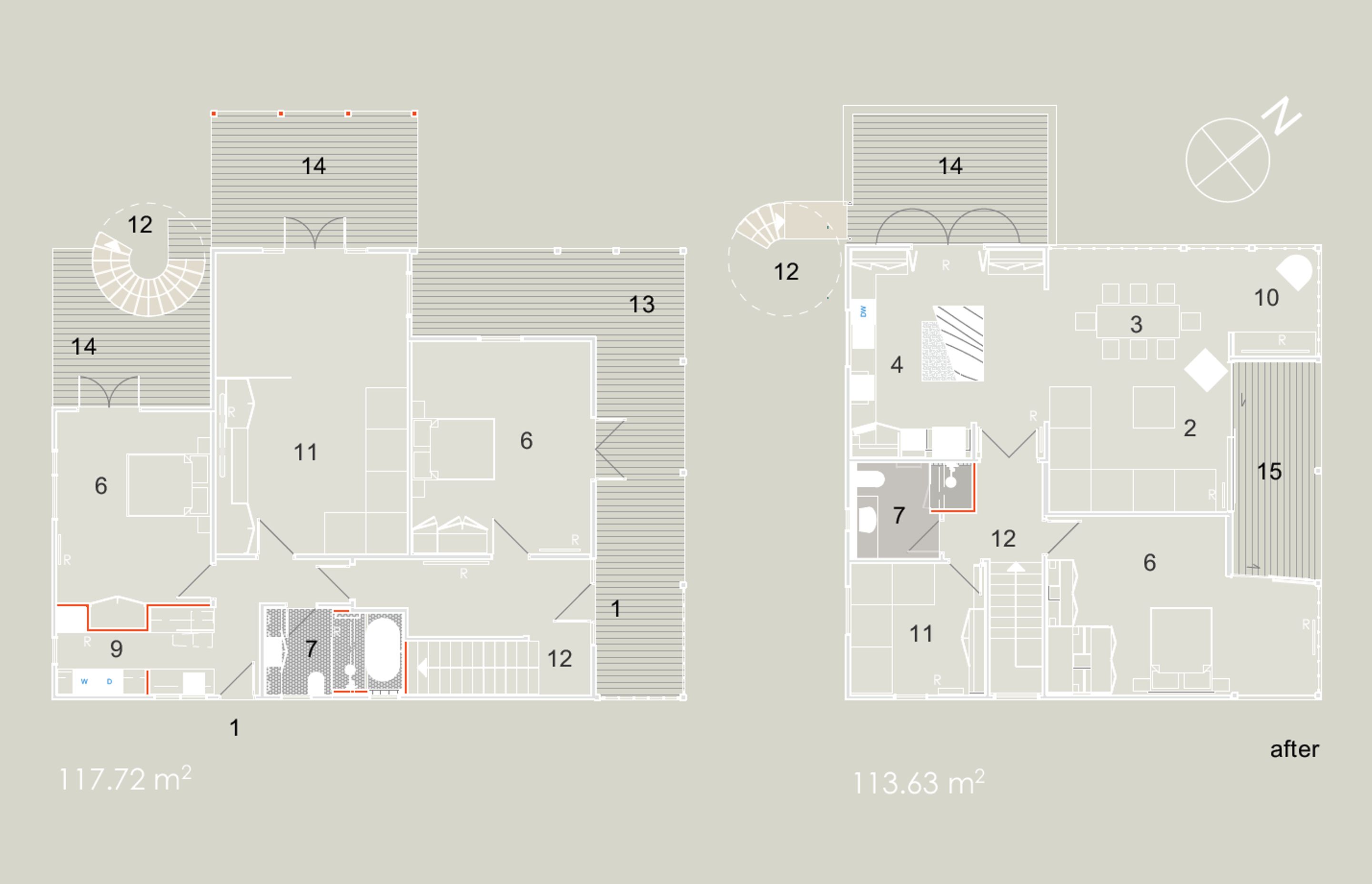 The 'after' ground and first-floor plans show the changes made to Esplanade House by Linetype Architectural.