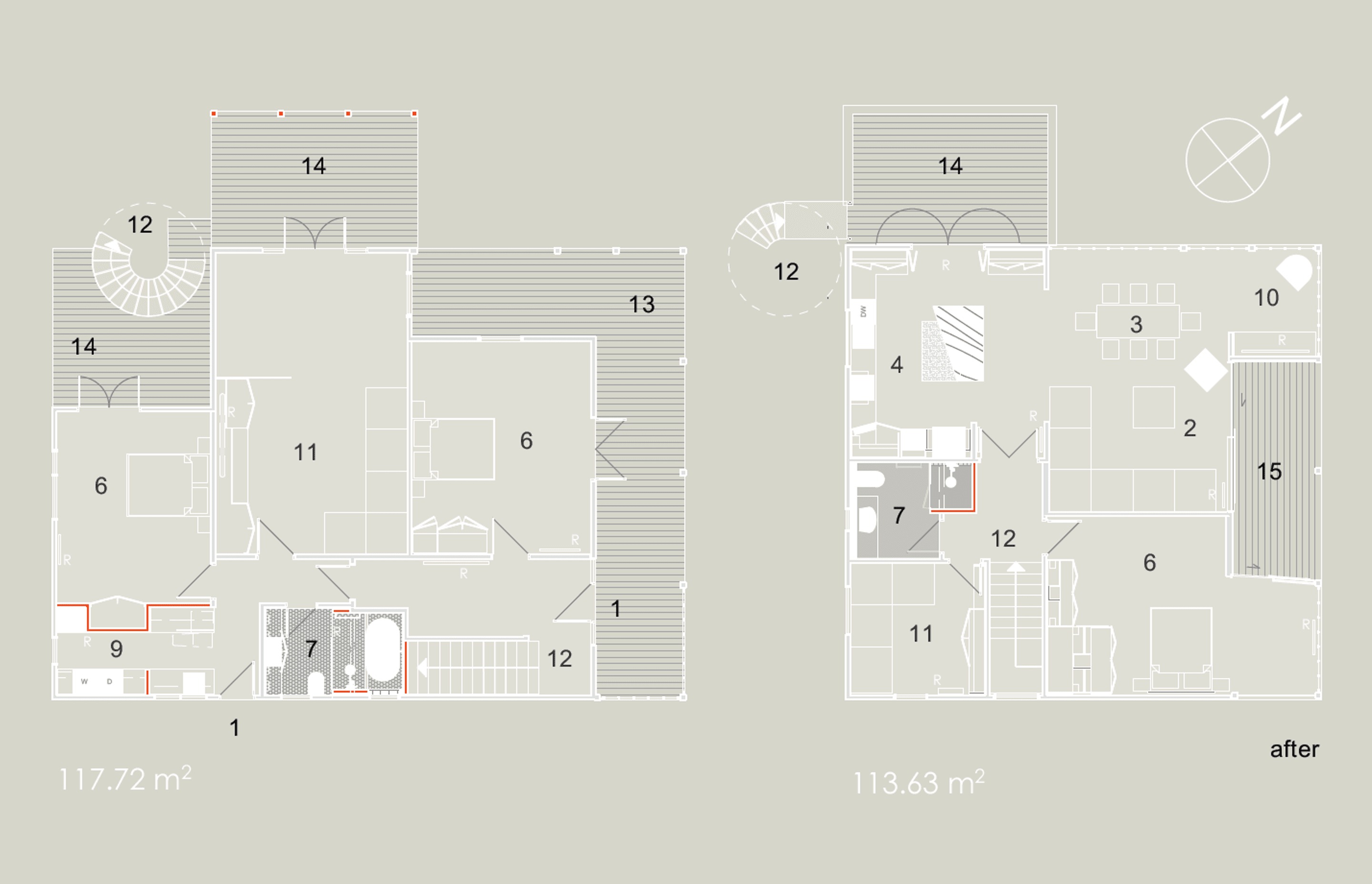 The 'after' ground and first-floor plans show the changes made to Esplanade House by Linetype Architectural.