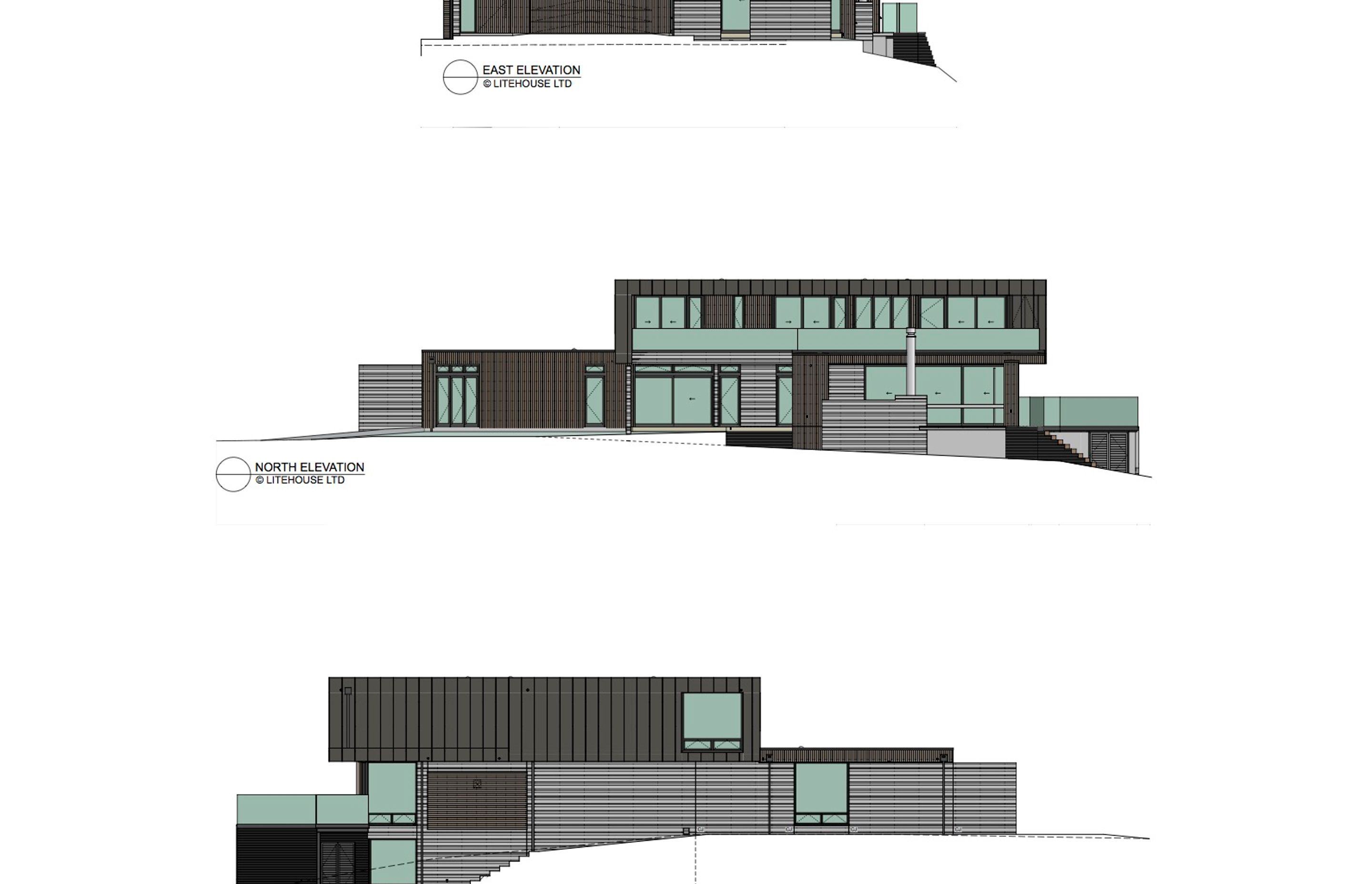 Elevations from the top: east, north and south, by Lite House.