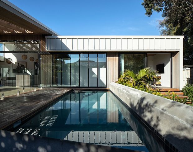 A contemporary single-storey residence arranged around a long rectangular swimming pool and timber deck. The composition features extensive floor-to-ceiling glazing, vertical timber wall cladding, a crisp white metal-clad flat-roof volume, and a sheltered outdoor entertaining area. Tropical planting lines a raised concrete planter beside the pool, while the bright blue sky and mature tree canopy frame the exterior view.
