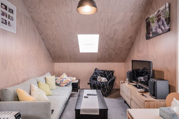 Compact, cozy media room with a sloped plywood-lined ceiling and walls, a large sectional sofa, patterned armchair, low coffee table, television and speakers on a timber media cabinet. A skylight and pendant light provide illumination, while framed family photographs add a personal touch.