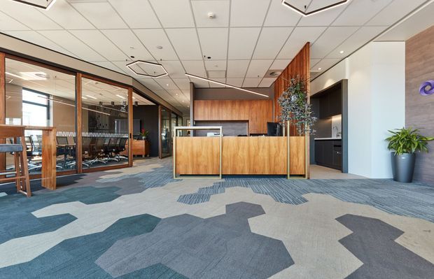 Contemporary commercial reception area with a timber-clad reception desk, integrated shelving and a decorative indoor tree. Glazed meeting rooms with timber-framed partitions are visible to the left, while a compact kitchenette or service area sits behind the desk. The space has patterned blue, grey and beige carpet tiles, a white suspended acoustic ceiling, linear feature lighting, and a neutral palette with warm timber accents.