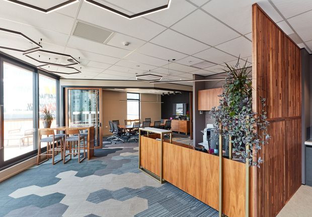 A bright contemporary commercial office interior with a reception desk in the foreground, timber cabinetry and vertical timber screening, a small meeting or breakout area by full-height glazing, and open workstations beyond. The space features patterned carpet, dark-framed glazing, suspended acoustic ceiling panels, and geometric pendant-style lighting.