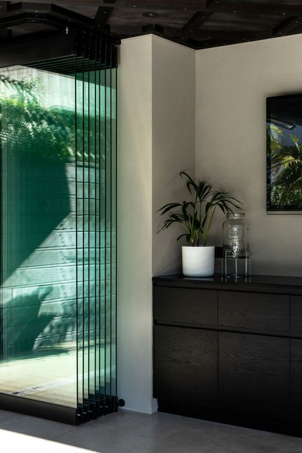 A dark, refined entryway or interior passage featuring a full-height glazed opening with vertical black metal screening, exposed dark timber ceiling beams, pale plaster walls, and a built-in dark timber console cabinet. A potted plant, glass vessel, and framed artwork add restrained styling, while strong sunlight and greenery are visible beyond the glazing.