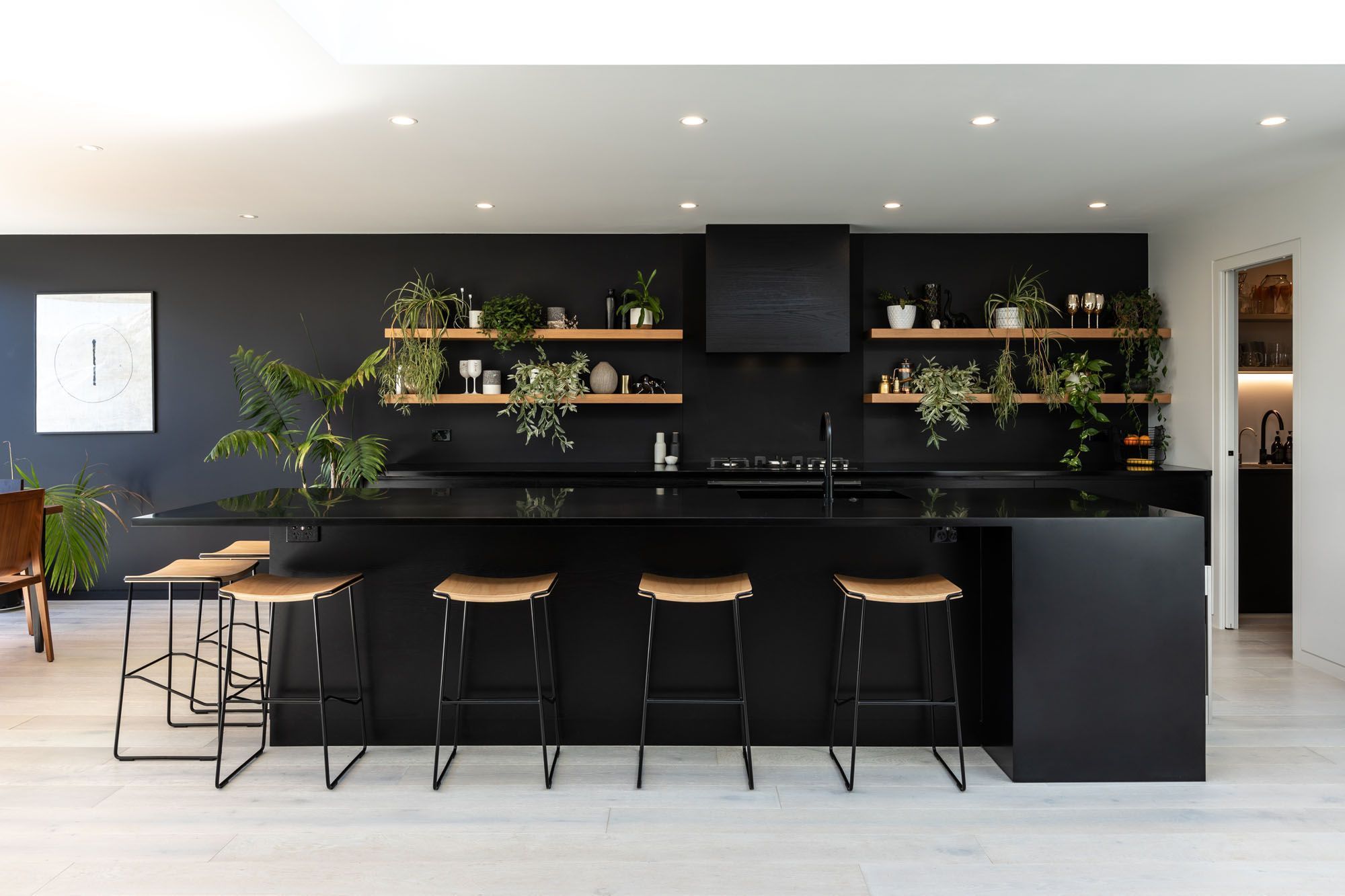 The kitchen has been designed to recede into the background through a clever use of colour and indoor plants.
