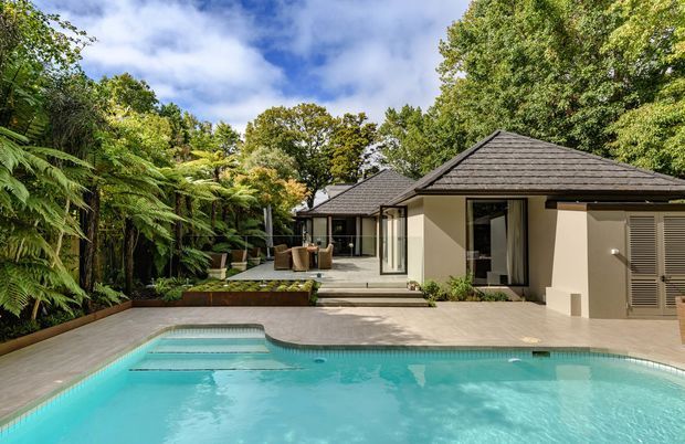 A single-storey contemporary home opening onto a large swimming pool and paved terrace. The residence has low-pitched dark tiled hipped roofs, pale rendered walls, extensive dark-framed glazing, and a sheltered outdoor entertaining area. Dense mature planting, including tree ferns, surrounds the pool and creates a lush private garden setting.