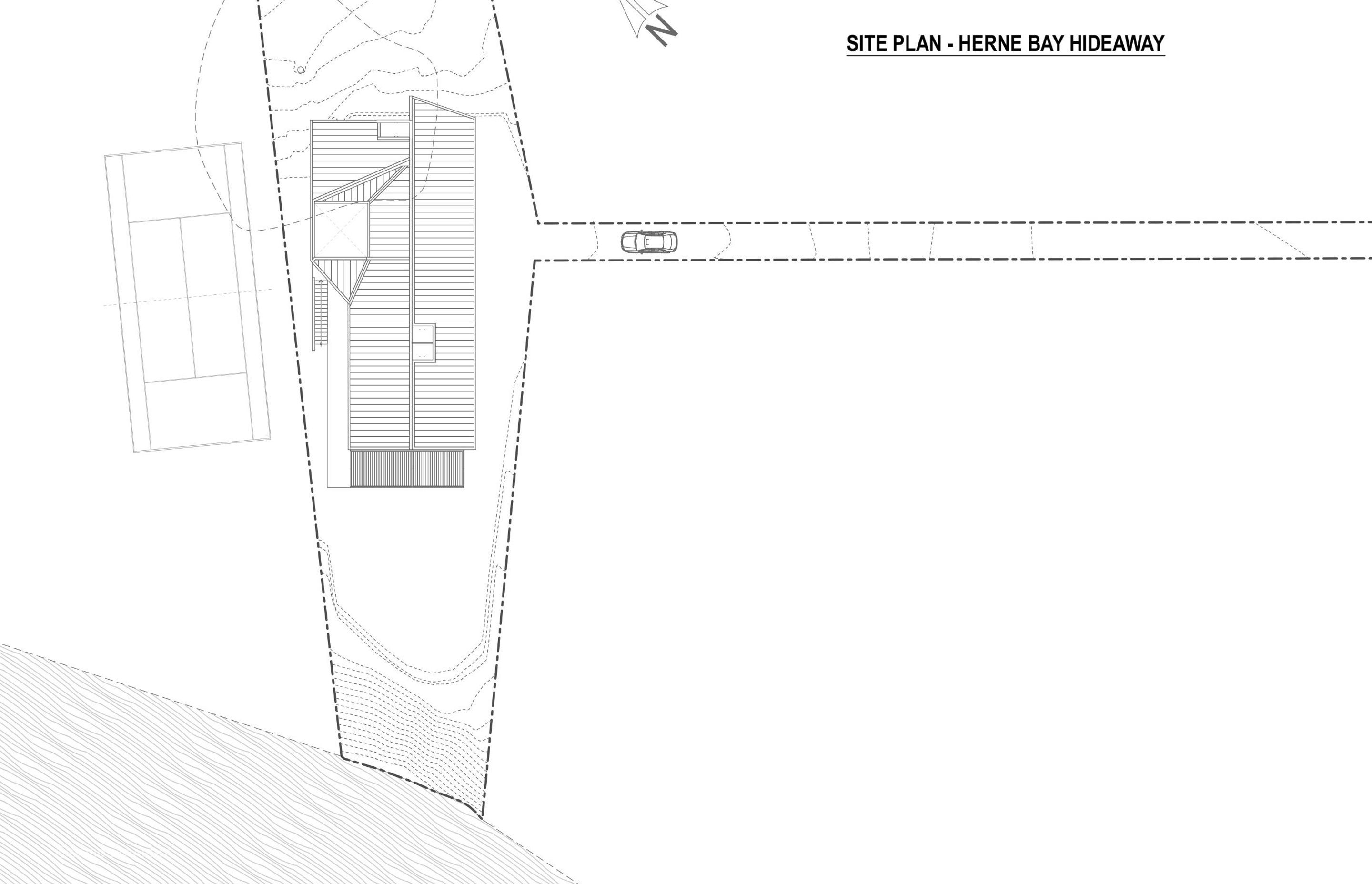 Site plan by Lloyd Hartley Architects indicates the tennis court on the left and the 75m-long driveway on the right.