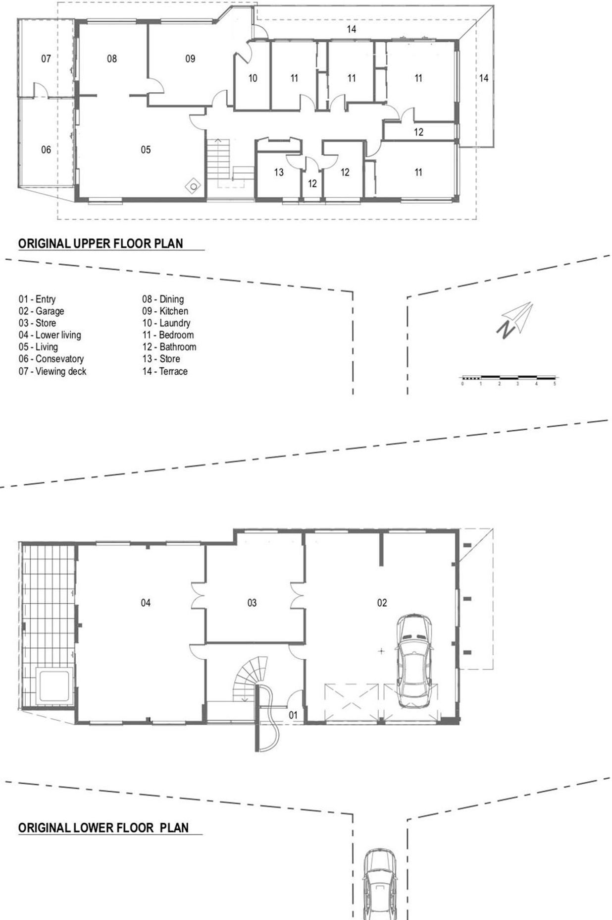 The upper and lower floor plans of the original brick-and-tile home, by Lloyd Hartley.