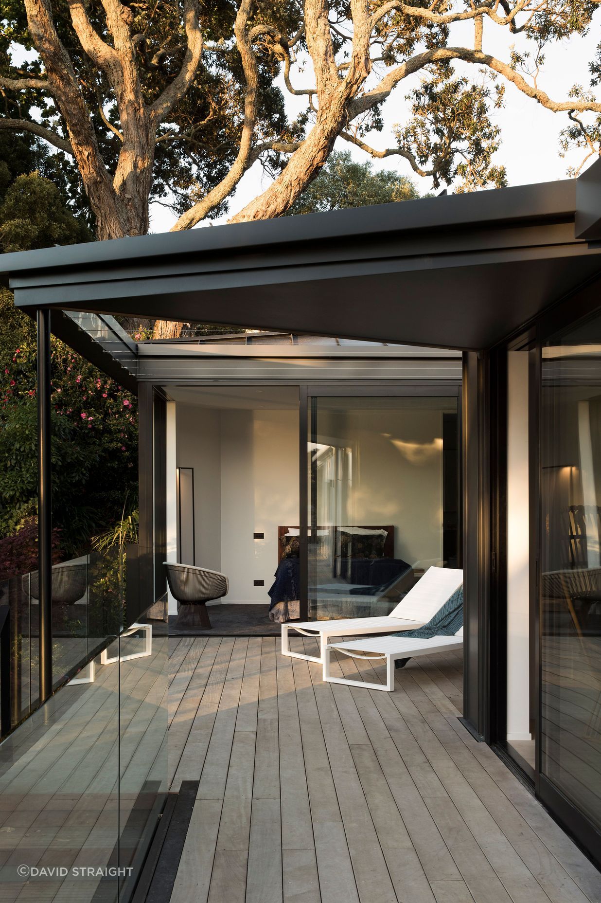 The courtyard off the master bedroom leads down stairs to the left.
