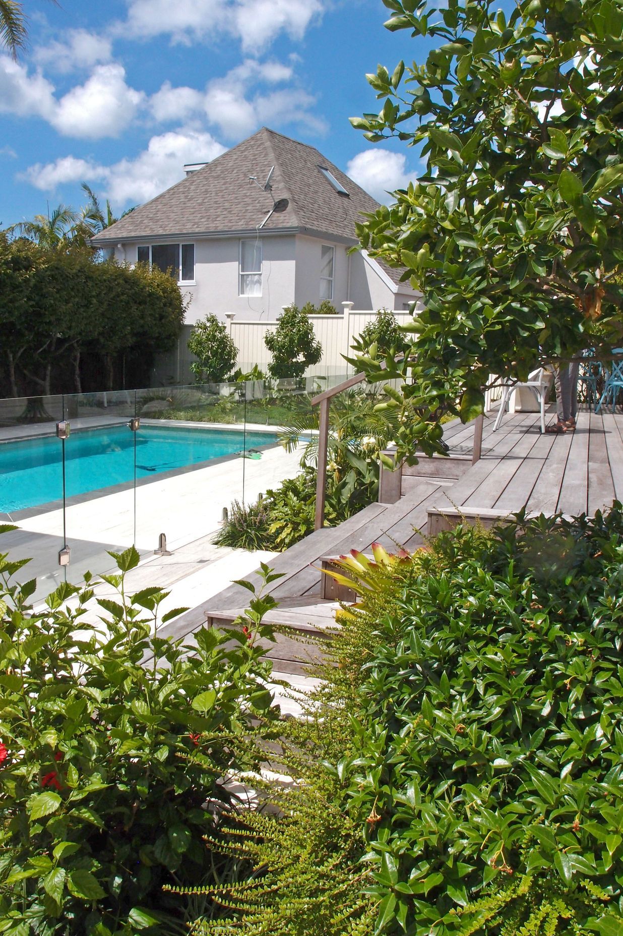 View across new pool and new deck steps