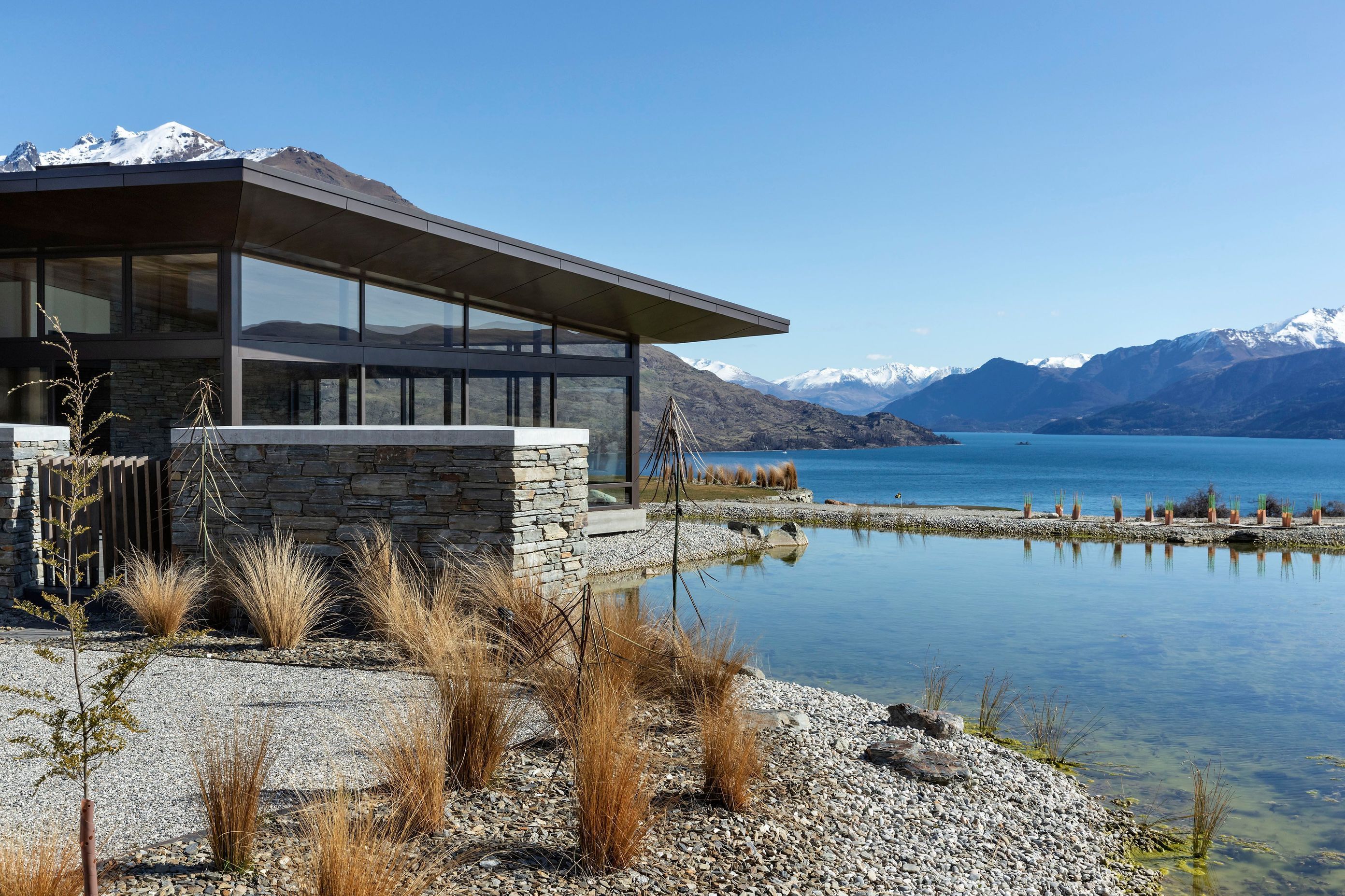 The spectacular view across the reflection pond to Lake Wakatipu and the mountains. Photograph: Simon Devitt.