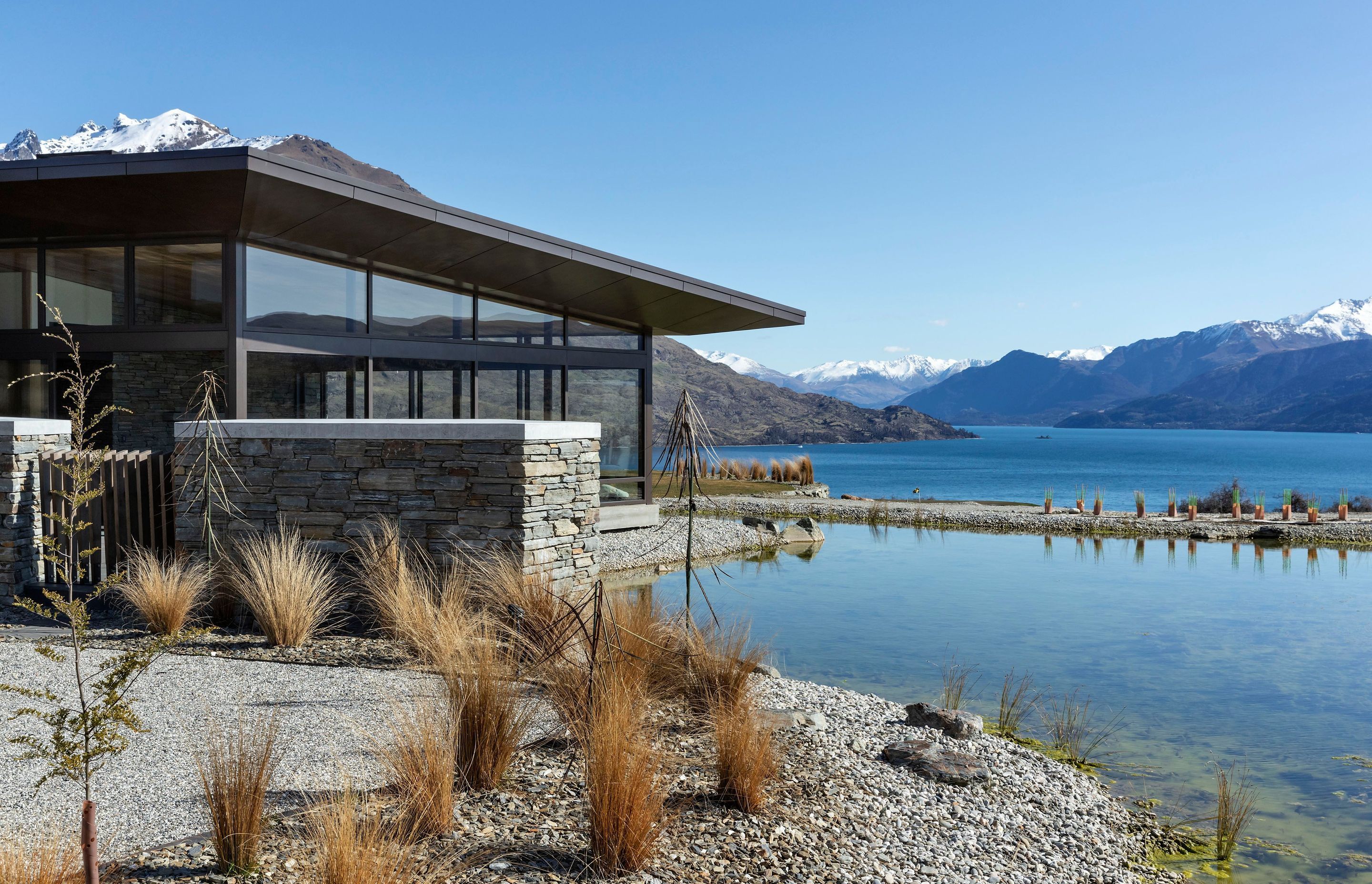 The spectacular view across the reflection pond to Lake Wakatipu and the mountains. Photograph: Simon Devitt.
