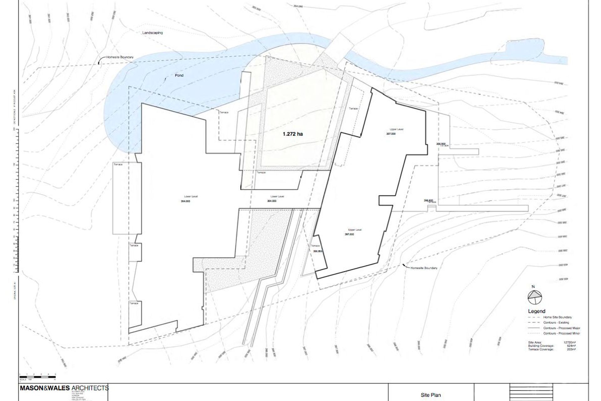 The Hidden Island Retreat site plan shows the arrangement of two forms with a bridge inbetween. Drawing by Mason and Wales Architects.