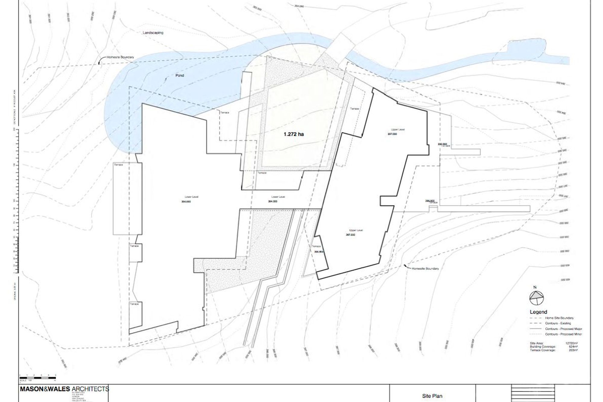 The Hidden Island Retreat site plan shows the arrangement of two forms with a bridge inbetween. Drawing by Mason and Wales Architects.