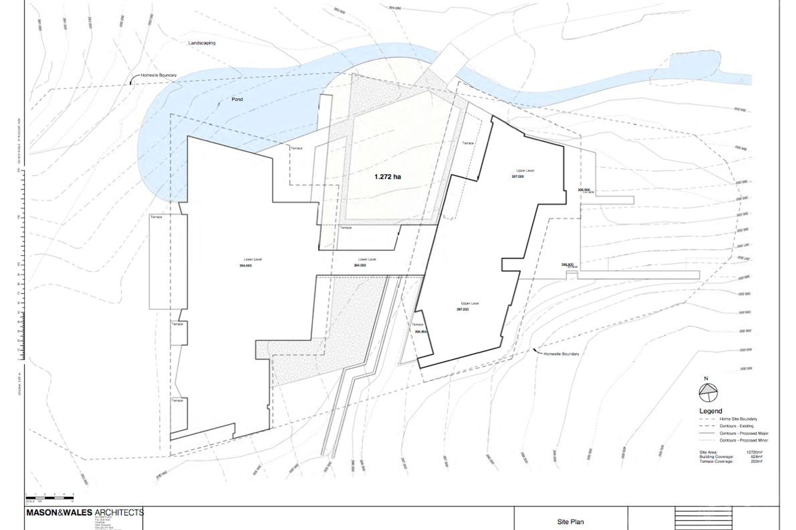 The Hidden Island Retreat site plan shows the arrangement of two forms with a bridge inbetween. Drawing by Mason and Wales Architects.