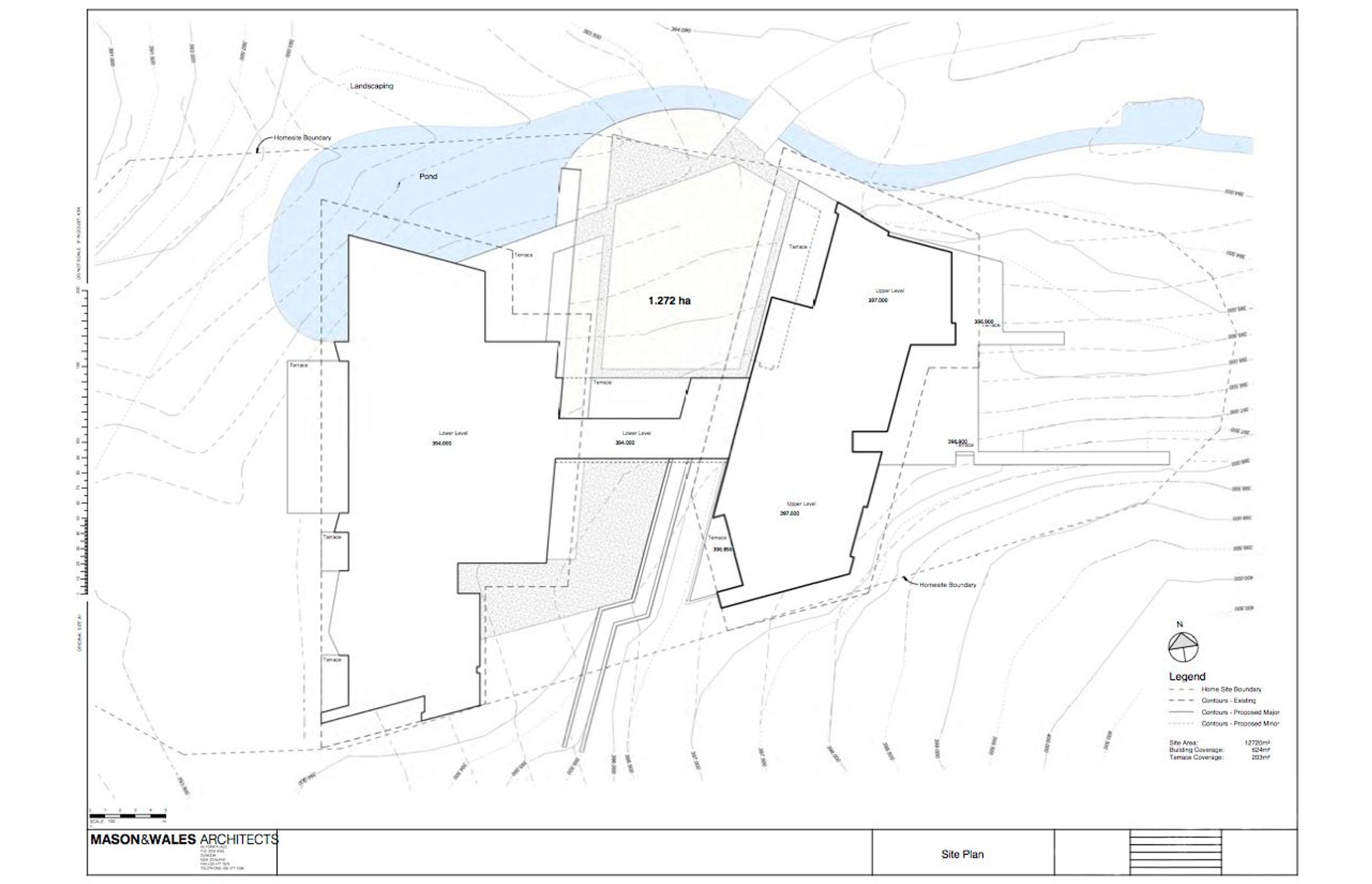 The Hidden Island Retreat site plan shows the arrangement of two forms with a bridge inbetween. Drawing by Mason and Wales Architects.