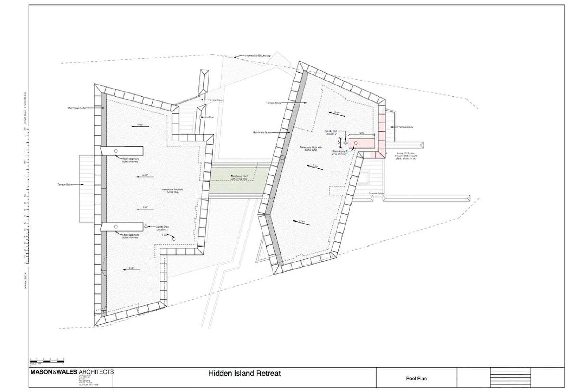 The roof plan for Hidden Island Retreat with a living roof on top of the central bridge with a passage underneath. Drawing by Mason and Wales Architects.