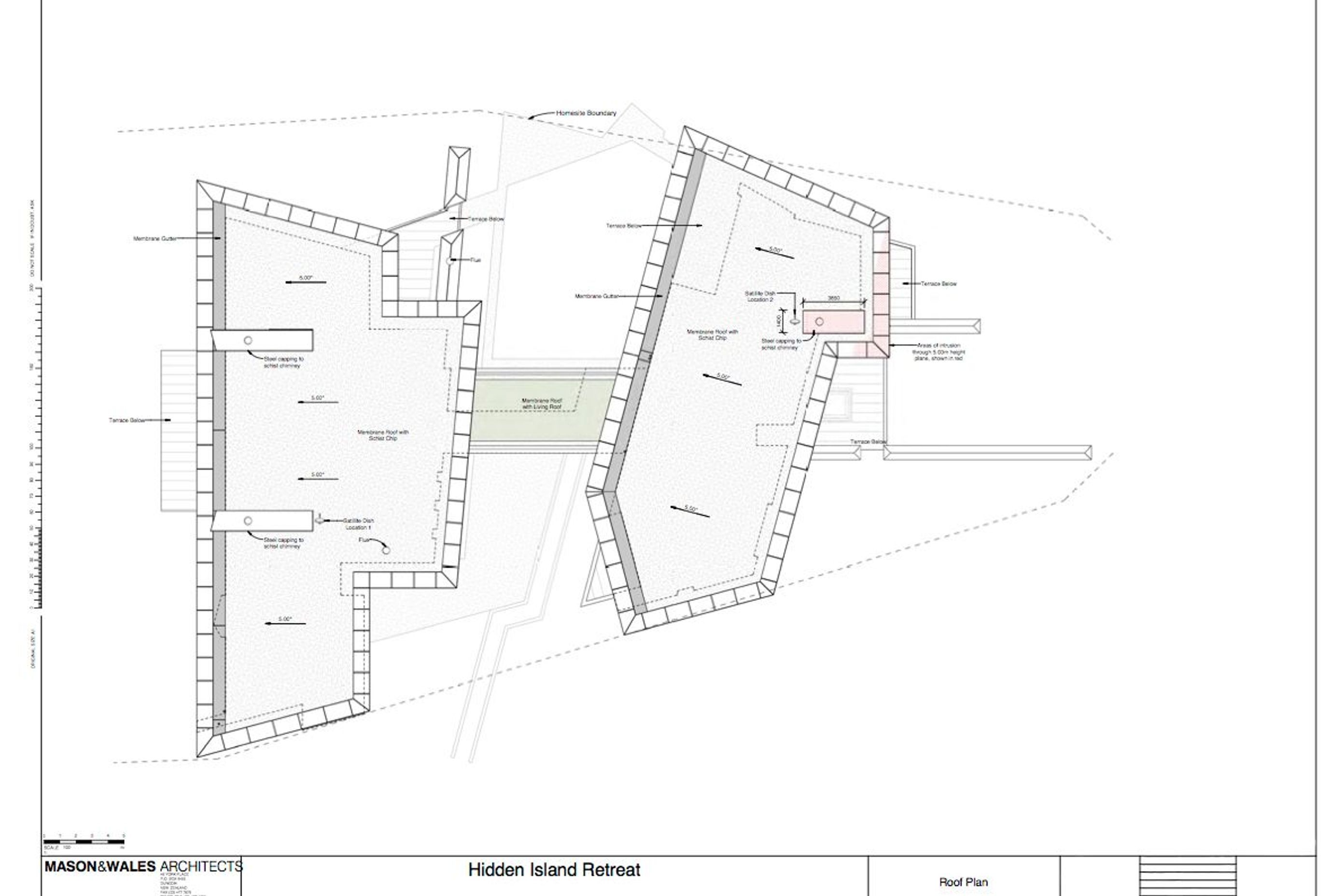 The roof plan for Hidden Island Retreat with a living roof on top of the central bridge with a passage underneath. Drawing by Mason and Wales Architects.