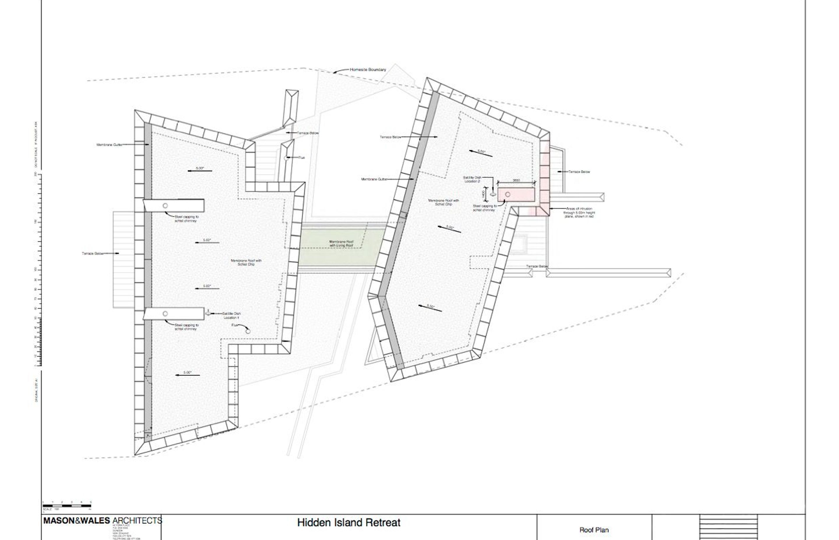 The roof plan for Hidden Island Retreat with a living roof on top of the central bridge with a passage underneath. Drawing by Mason and Wales Architects.