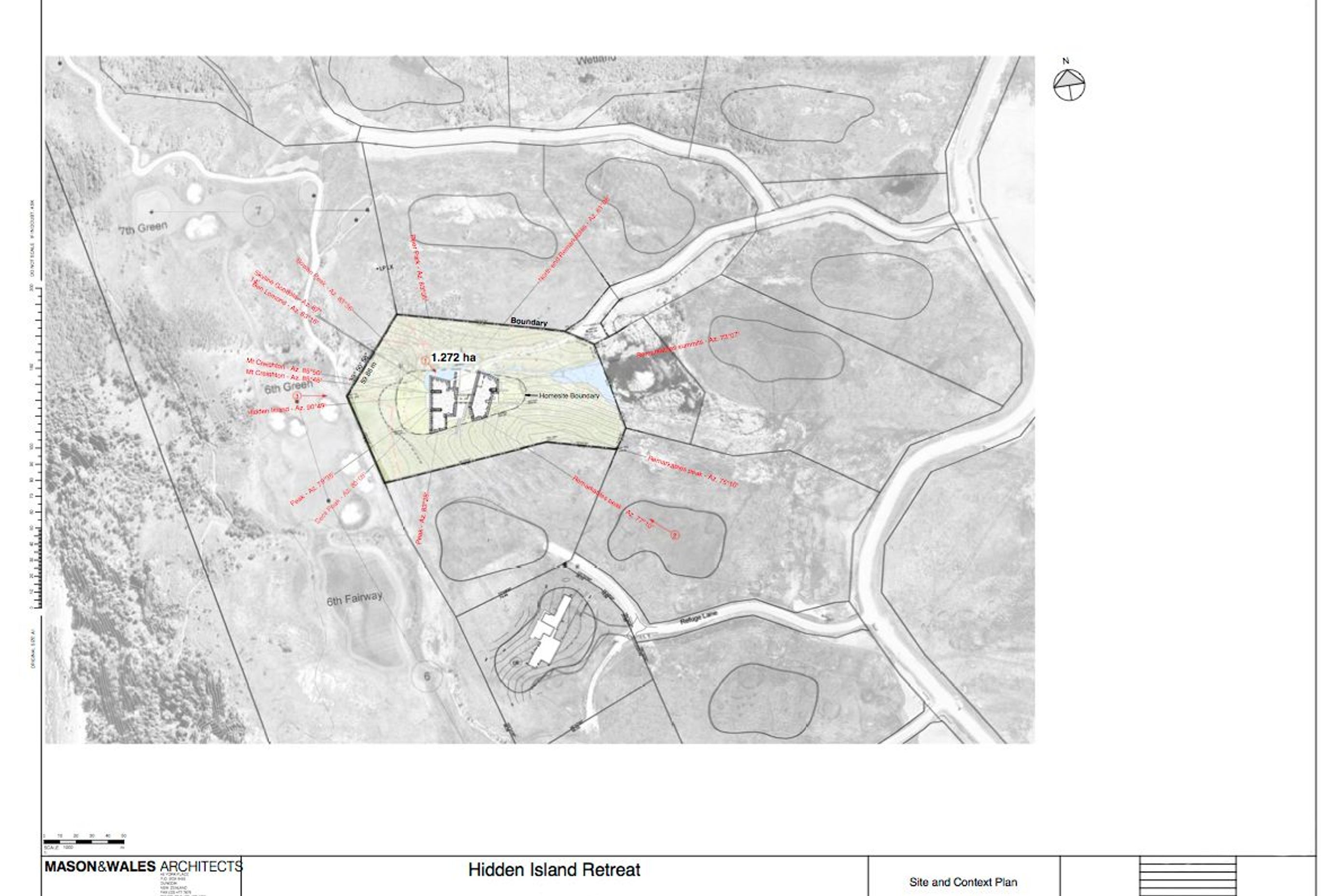 The context plan shows Hidden Island Retreat in relation to the mountains and the adjoining properties. Drawing by Mason and Wales Architects.