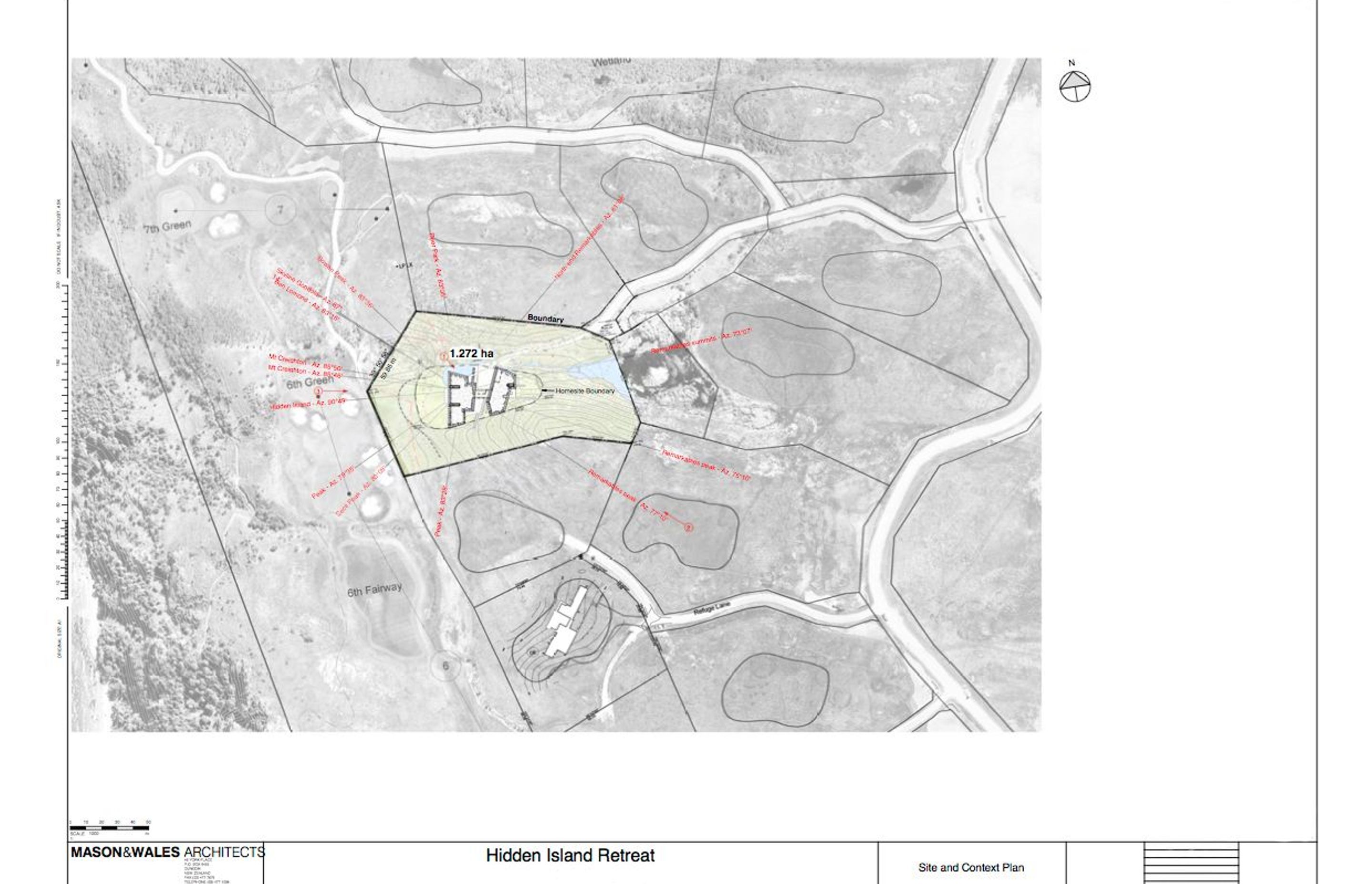 The context plan shows Hidden Island Retreat in relation to the mountains and the adjoining properties. Drawing by Mason and Wales Architects.