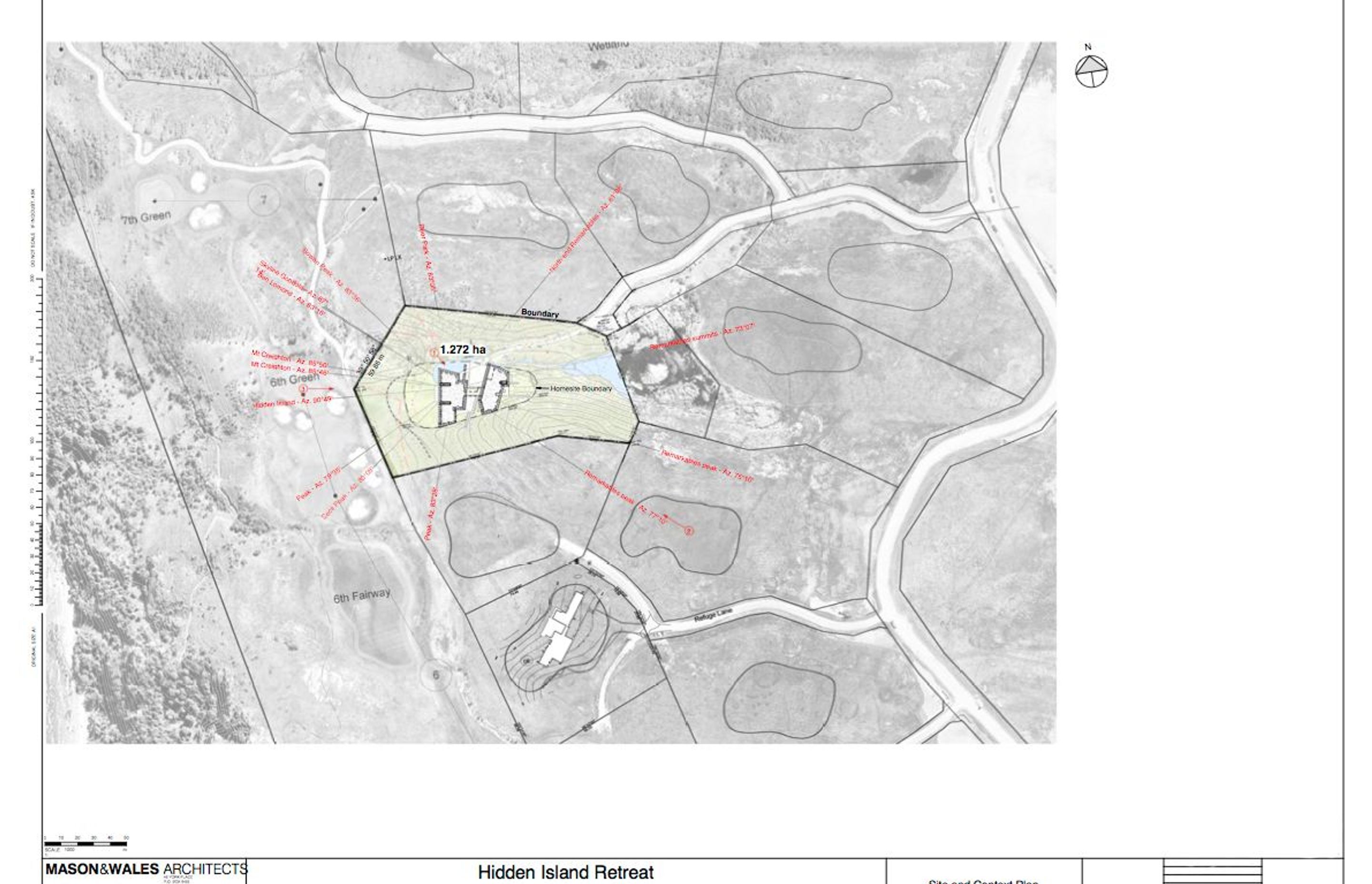 The context plan shows Hidden Island Retreat in relation to the mountains and the adjoining properties. Drawing by Mason and Wales Architects.