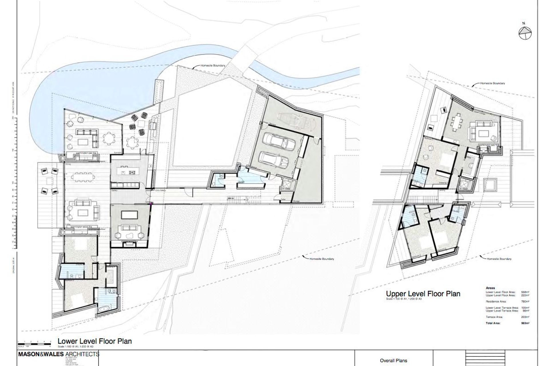 The lower-level and upper-level floor plans of Hidden Island Retreat. Drawing by Mason and Wales Architects.