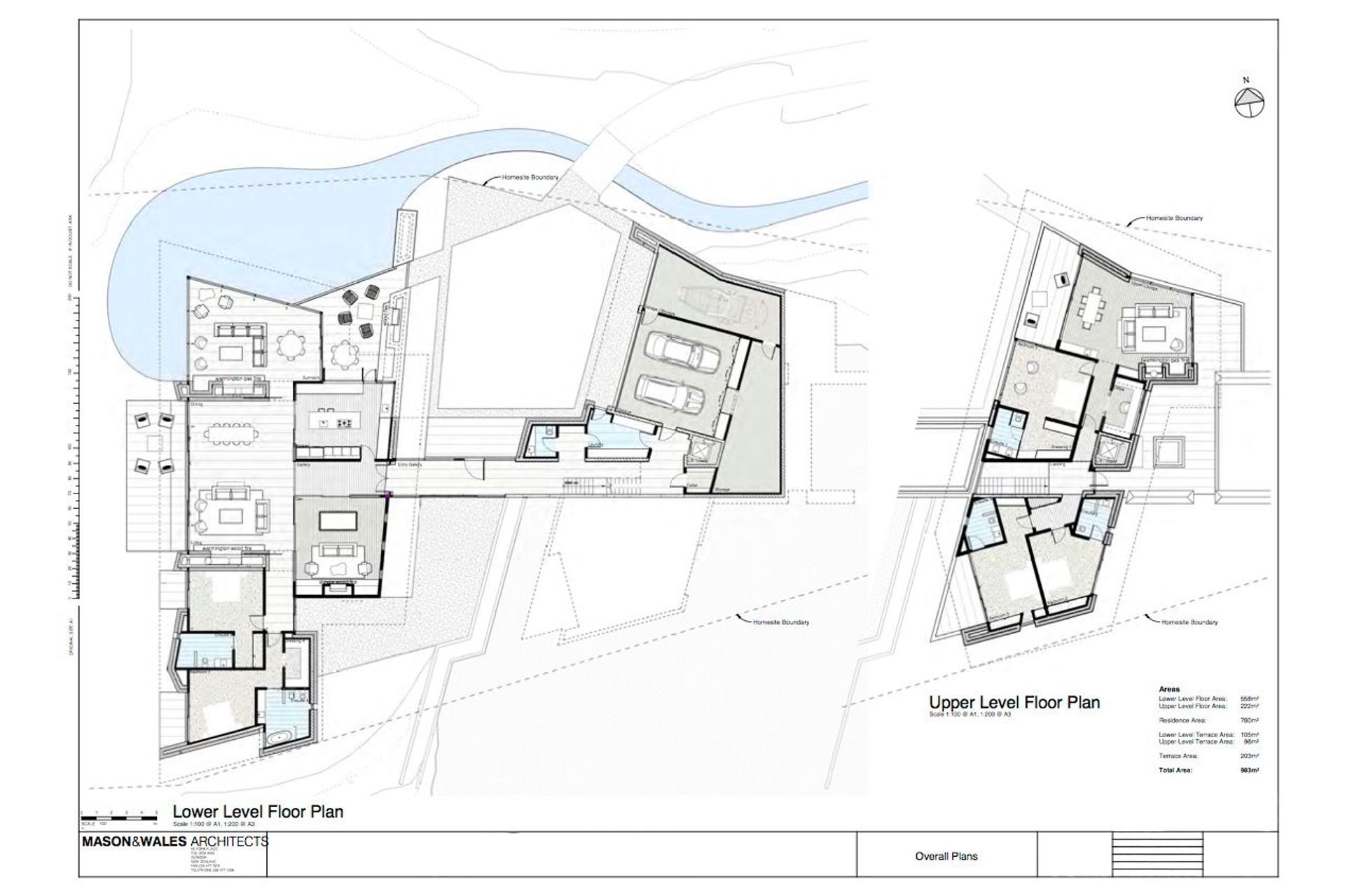 The lower-level and upper-level floor plans of Hidden Island Retreat. Drawing by Mason and Wales Architects.