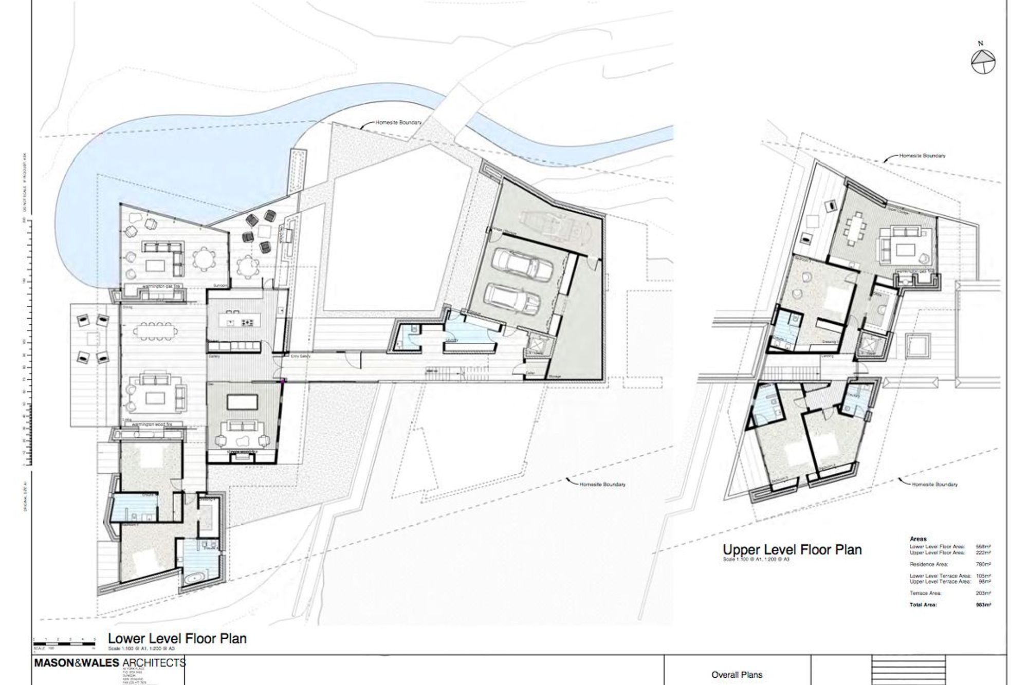The lower-level and upper-level floor plans of Hidden Island Retreat. Drawing by Mason and Wales Architects.