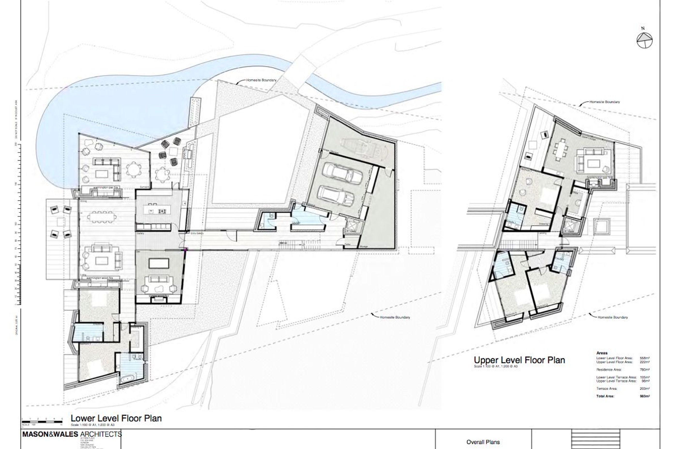 The lower-level and upper-level floor plans of Hidden Island Retreat. Drawing by Mason and Wales Architects.