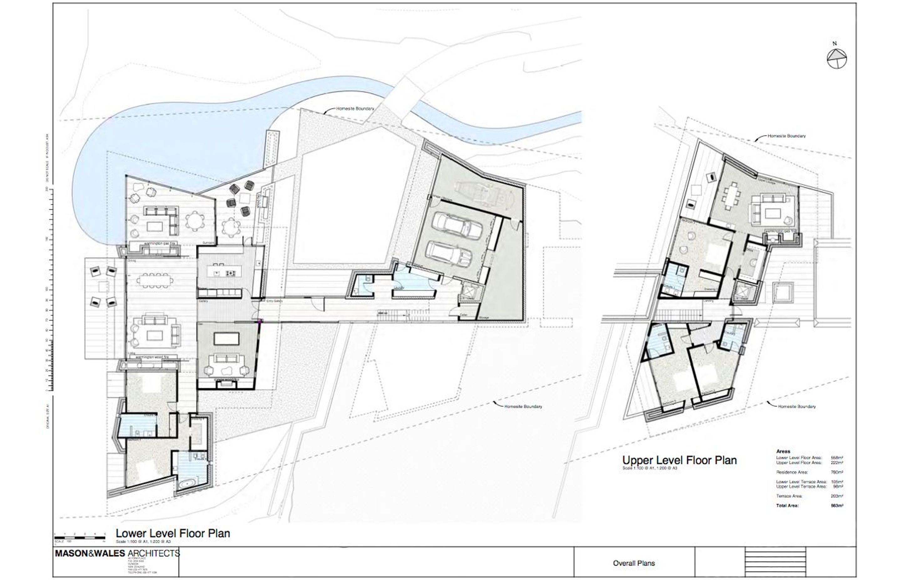 The lower-level and upper-level floor plans of Hidden Island Retreat. Drawing by Mason and Wales Architects.