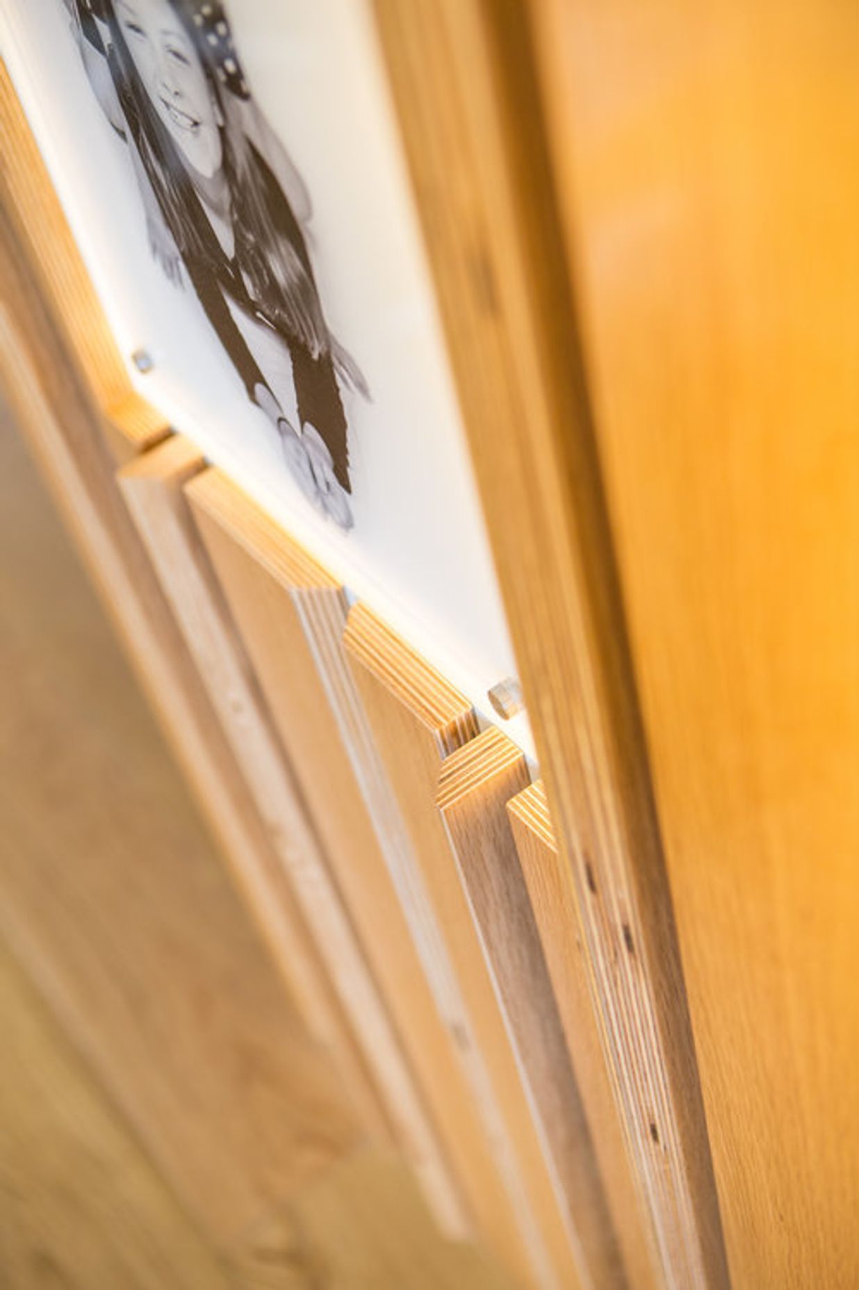 Details in the oak plywood feature wall highlight the materials.