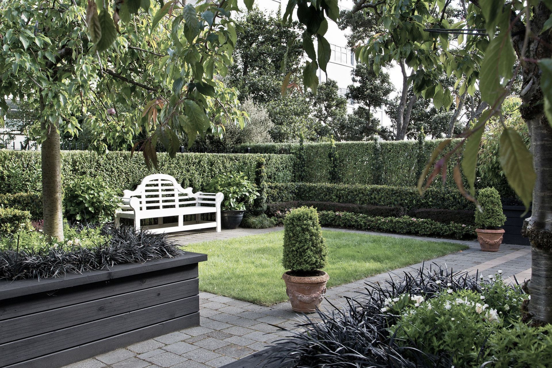 Formal courtyard garden, with layered hedges