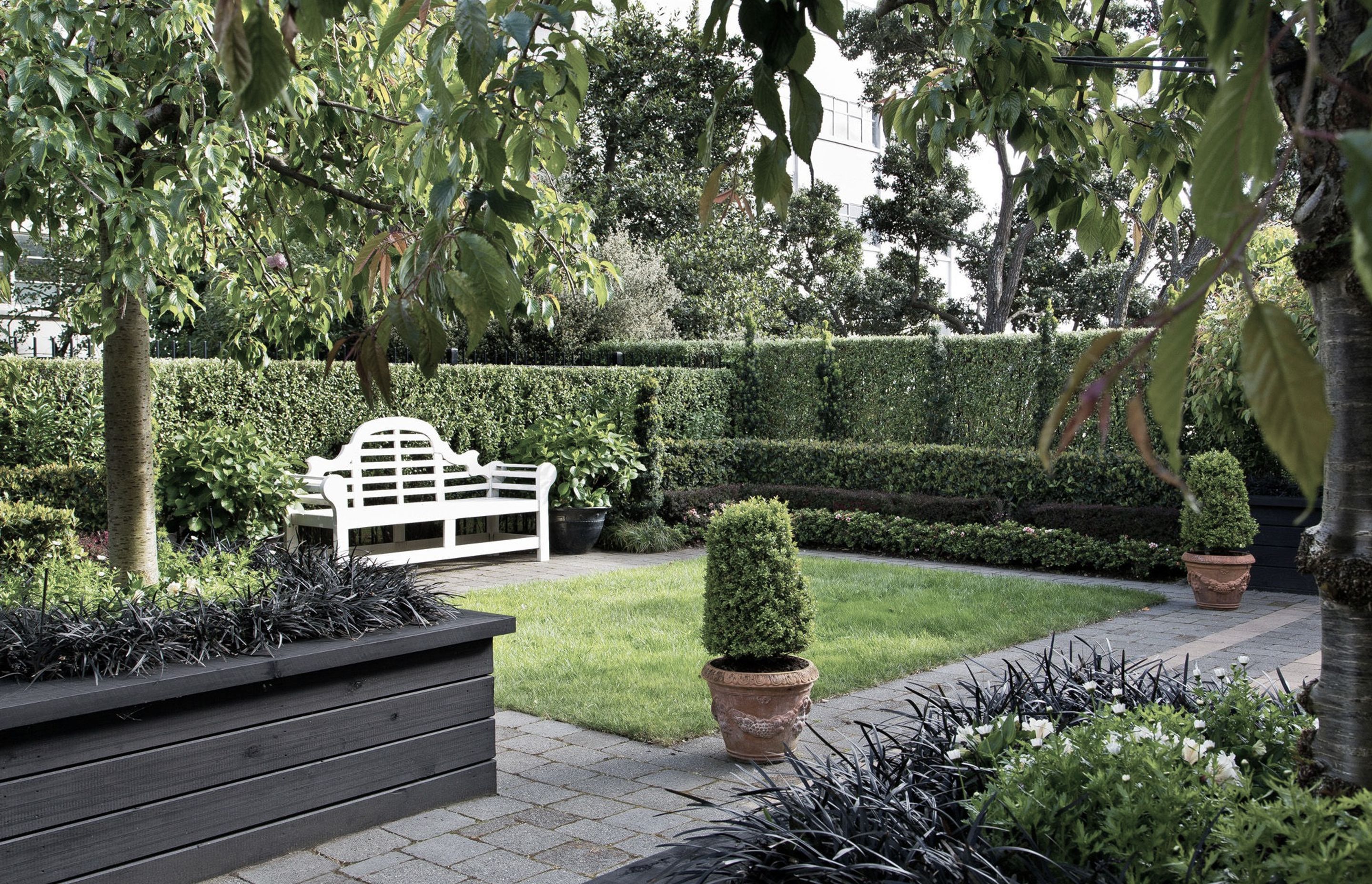 Formal courtyard garden, with layered hedges