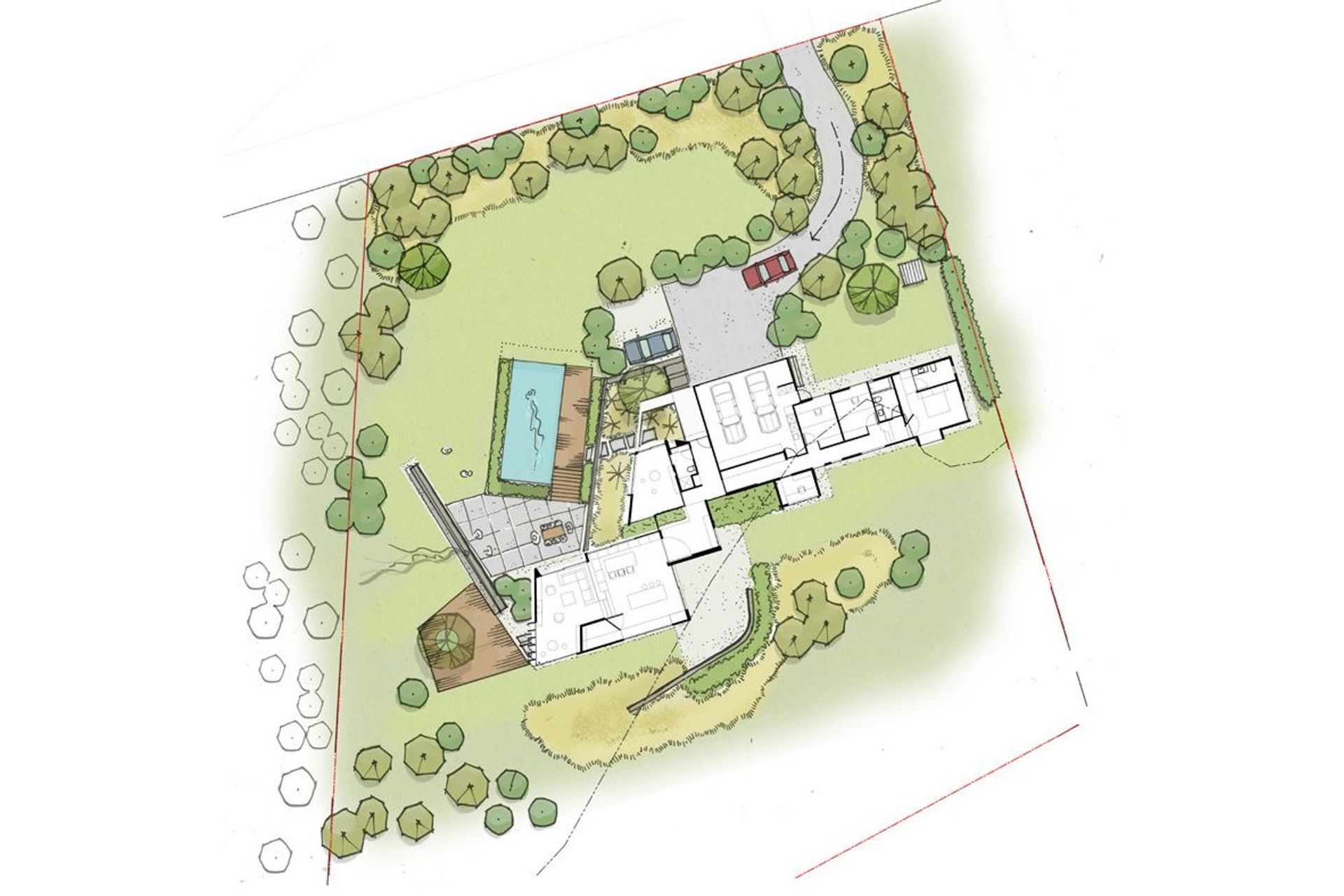 Original site plan concept by Hyndman Taylor Architects with a swimming pool planned for the future.