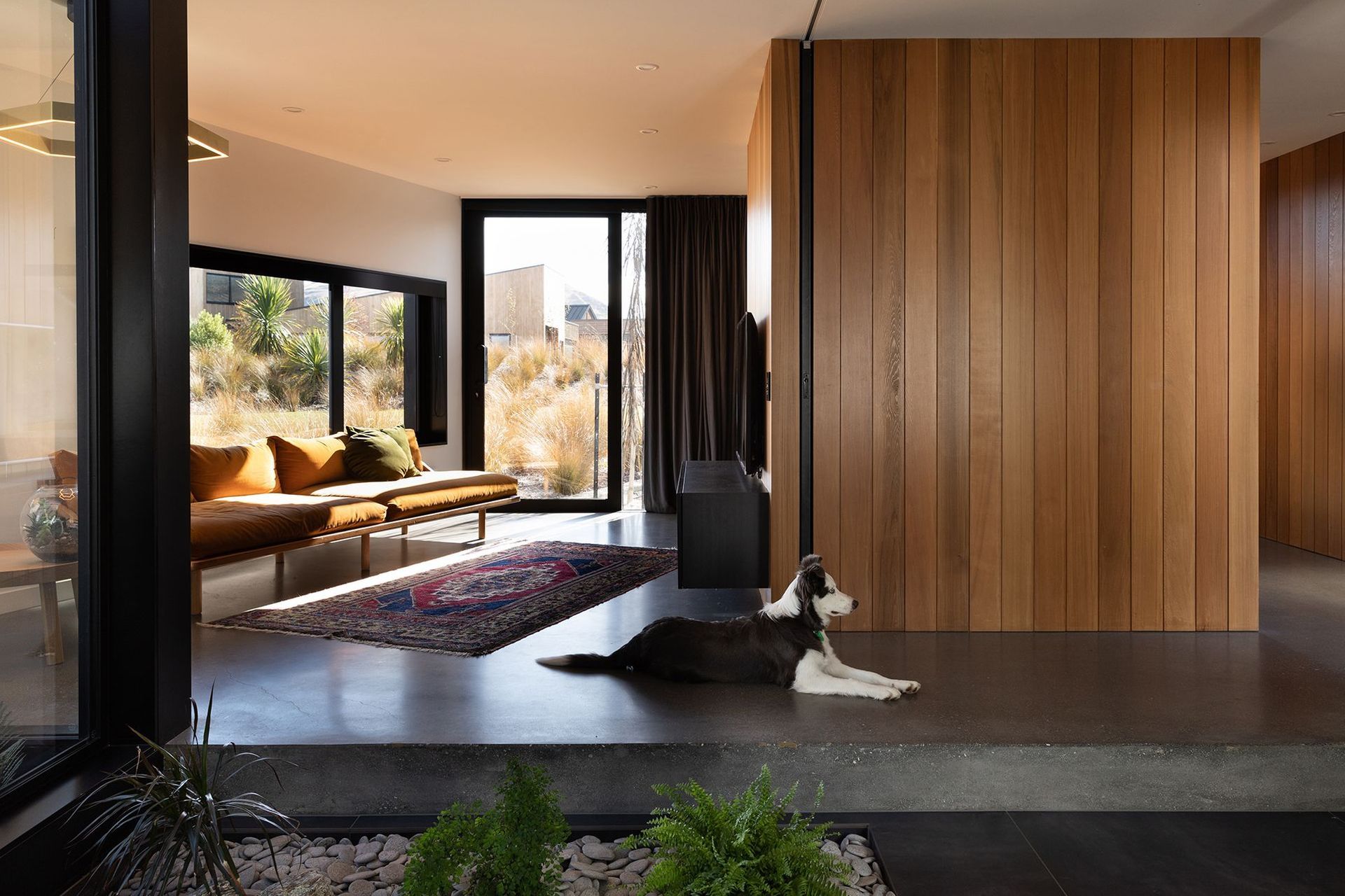 The media lounge and entry corridor seen from the transition room.