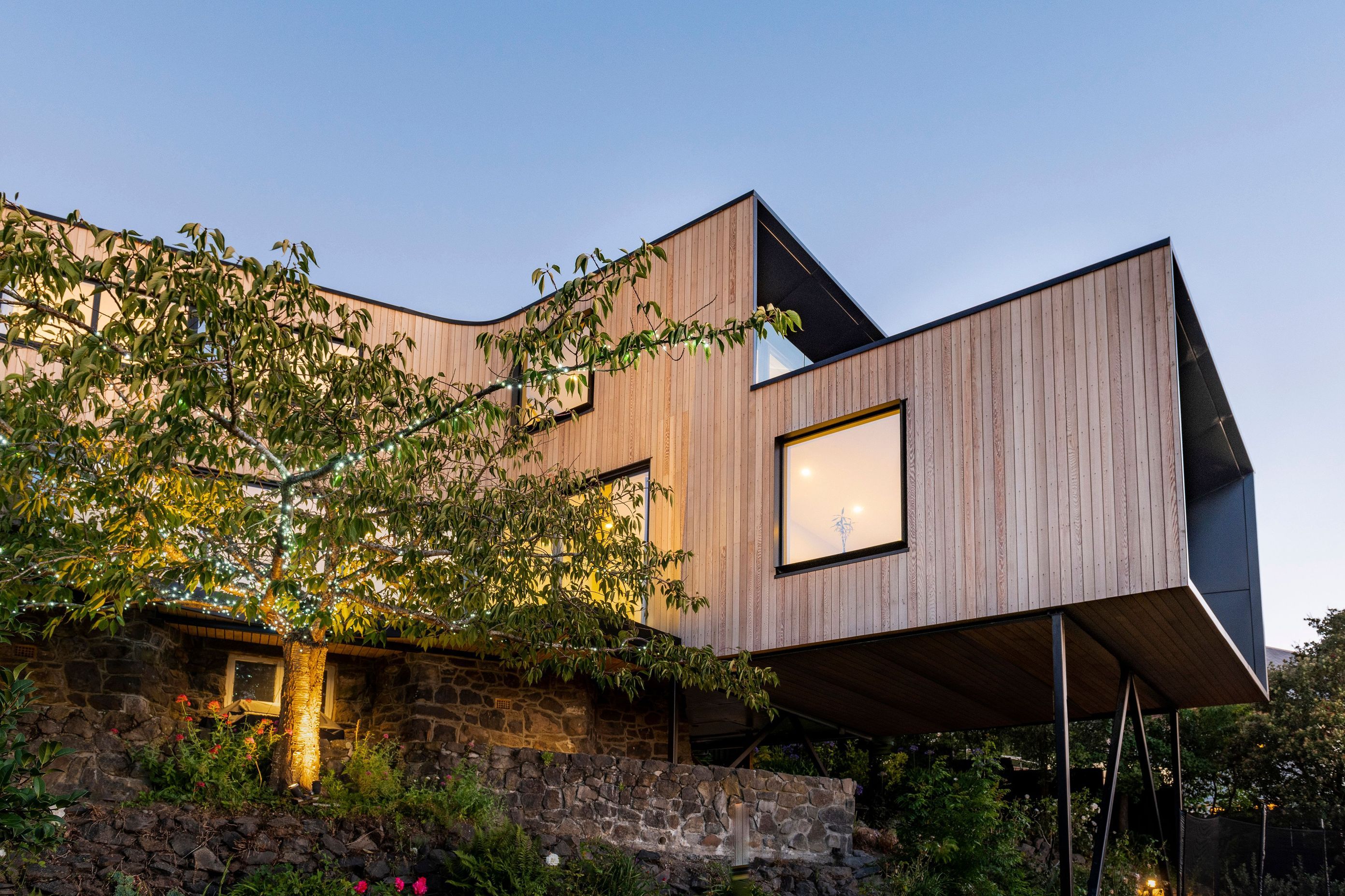 Built to 200 per cent of the earthquake code, the new house  cantilevers out over the historic stone walls of the old Seager house destroyed during the February 2011 quake.
