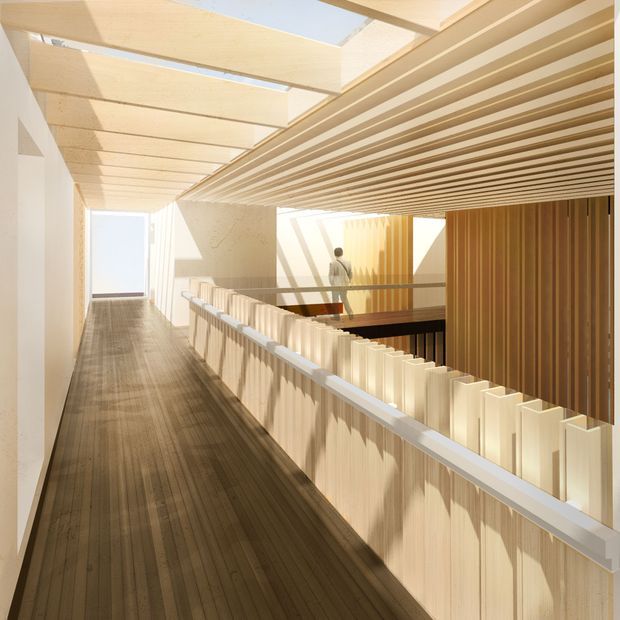 A bright, contemporary interior walkway or upper-level landing with warm timber flooring, extensive pale timber slatted ceiling and screening, and open balustrades overlooking a lower level. Strong linear shadows and skylight-like openings create an airy, gallery-like architectural atmosphere.