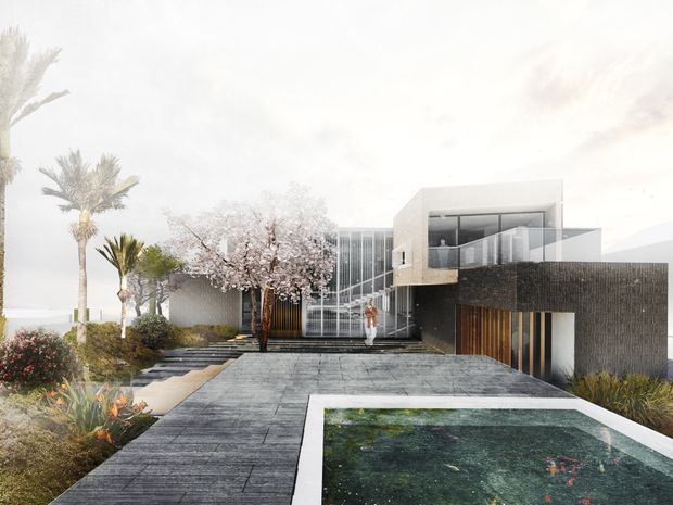 Architectural rendering of a contemporary multi-level residence with strong geometric volumes, expansive glazing, a rooftop or upper-level terrace, landscaped approach, and a rectangular swimming pool in the foreground. The facade combines pale smooth rendered surfaces, dark textured cladding, and vertical timber-look screening. Palm trees and ornamental planting frame the property.