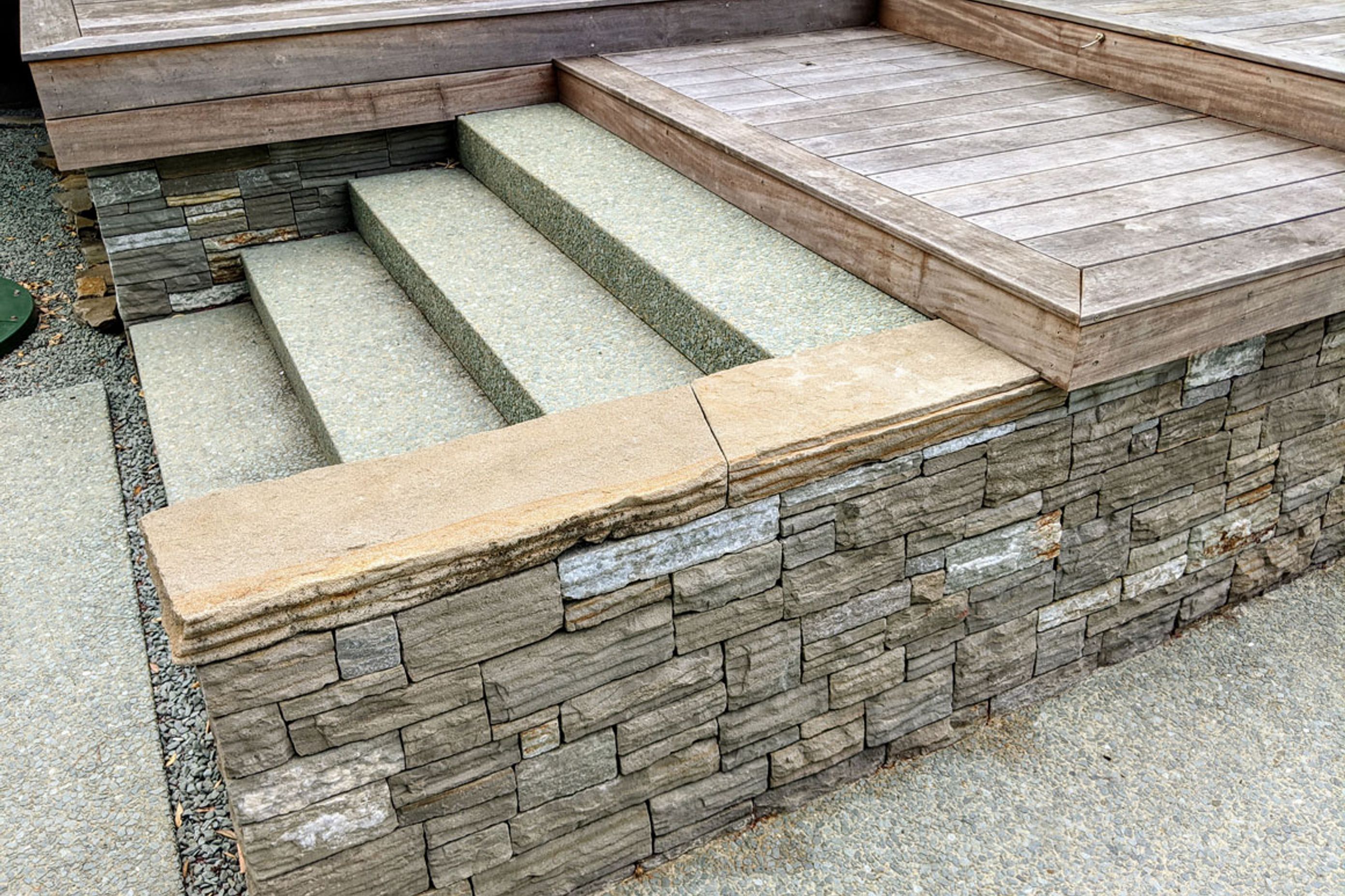 Timber, Paradise Stone wall and formed steps
