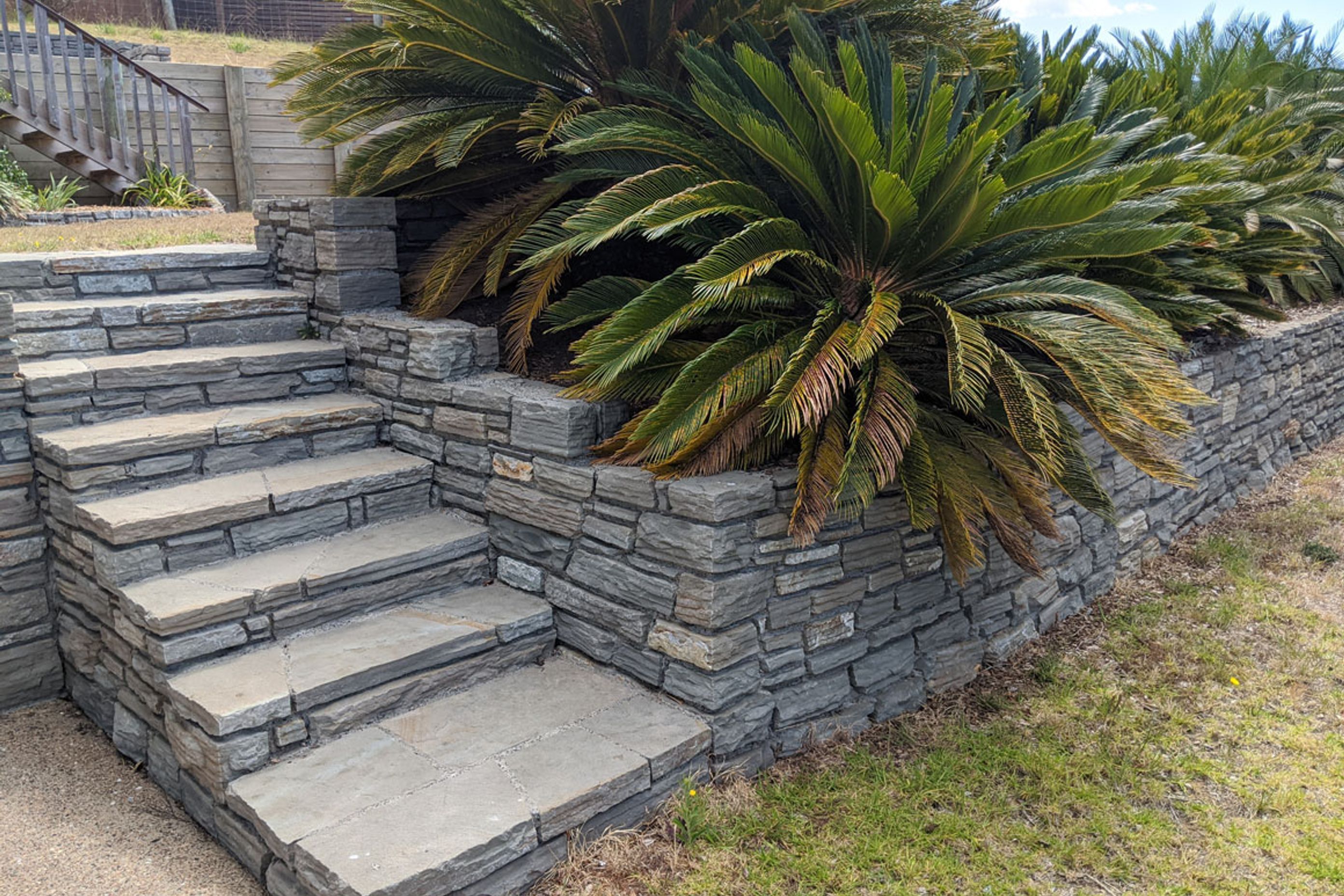 Retaining wall and stone steps