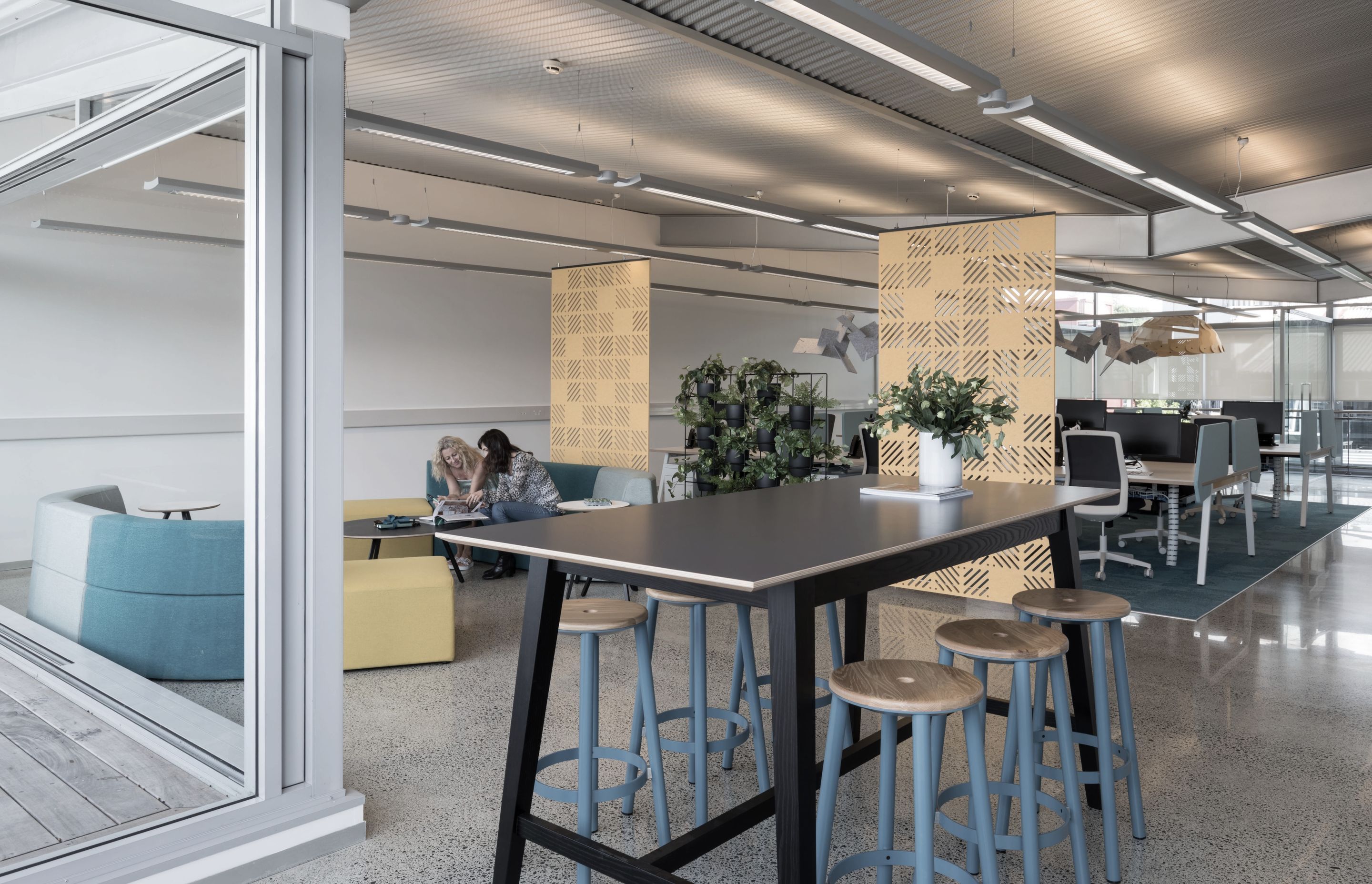 Quality and colour for this space in Parnell, delineated the workpoints with vibrant carpet to assist with noise dampening, and suspended graphic acoustic pendants above, adding acoustic/visual screening drops between work and meeting spaces.