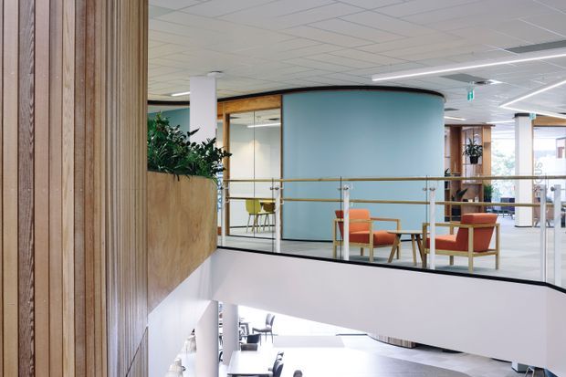 A contemporary commercial office interior viewed from an upper-level landing or mezzanine. The space features a curved pale-blue glazed meeting-room enclosure, warm vertical timber wall cladding and planter joinery, glass balustrades with brass-toned handrails, colourful lounge chairs, open work areas, and a suspended tiled ceiling with linear lighting. A lower-level office area is visible beneath the mezzanine edge.