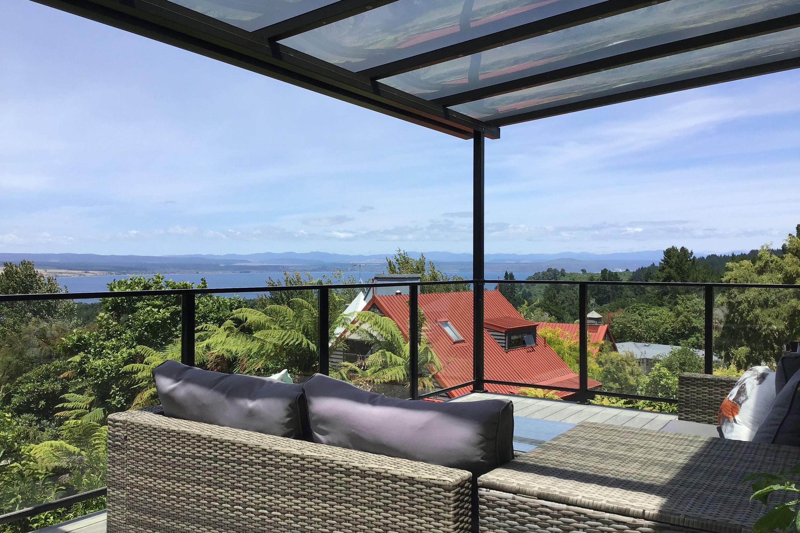 Covered deck off living room overlooking Lake Taupo