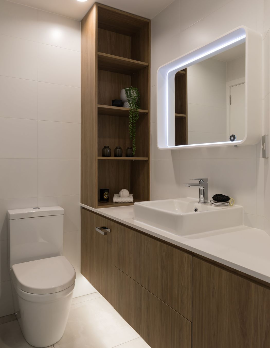 Main Bathroom, Prime Melamine Baroque Velvet Melamine custom cabinetry, Caesarstone Snow vanity top.