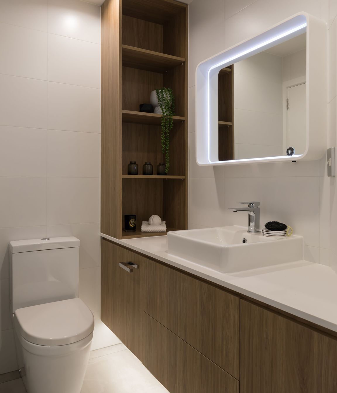 Main Bathroom, Prime Melamine Baroque Velvet Melamine custom cabinetry, Caesarstone Snow vanity top.